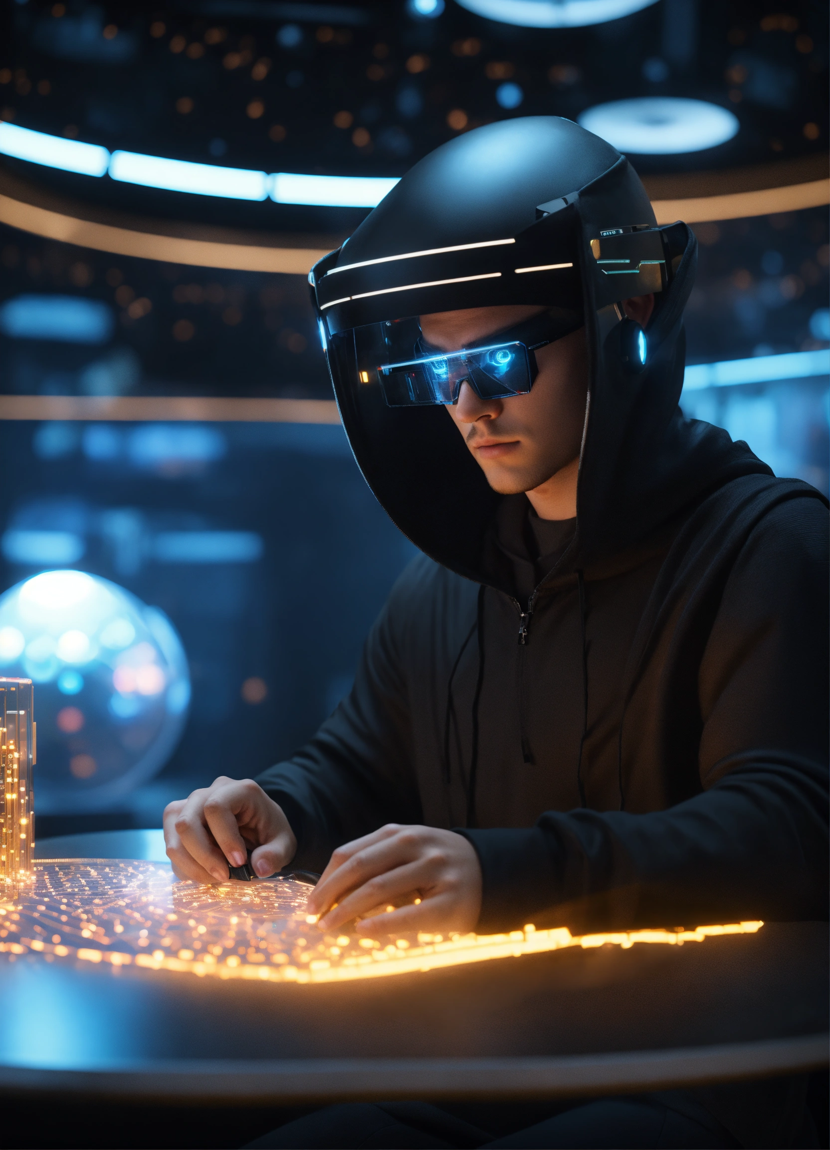 Lexica - Nerdy 25 year old male hacker wearing futuristic black ...