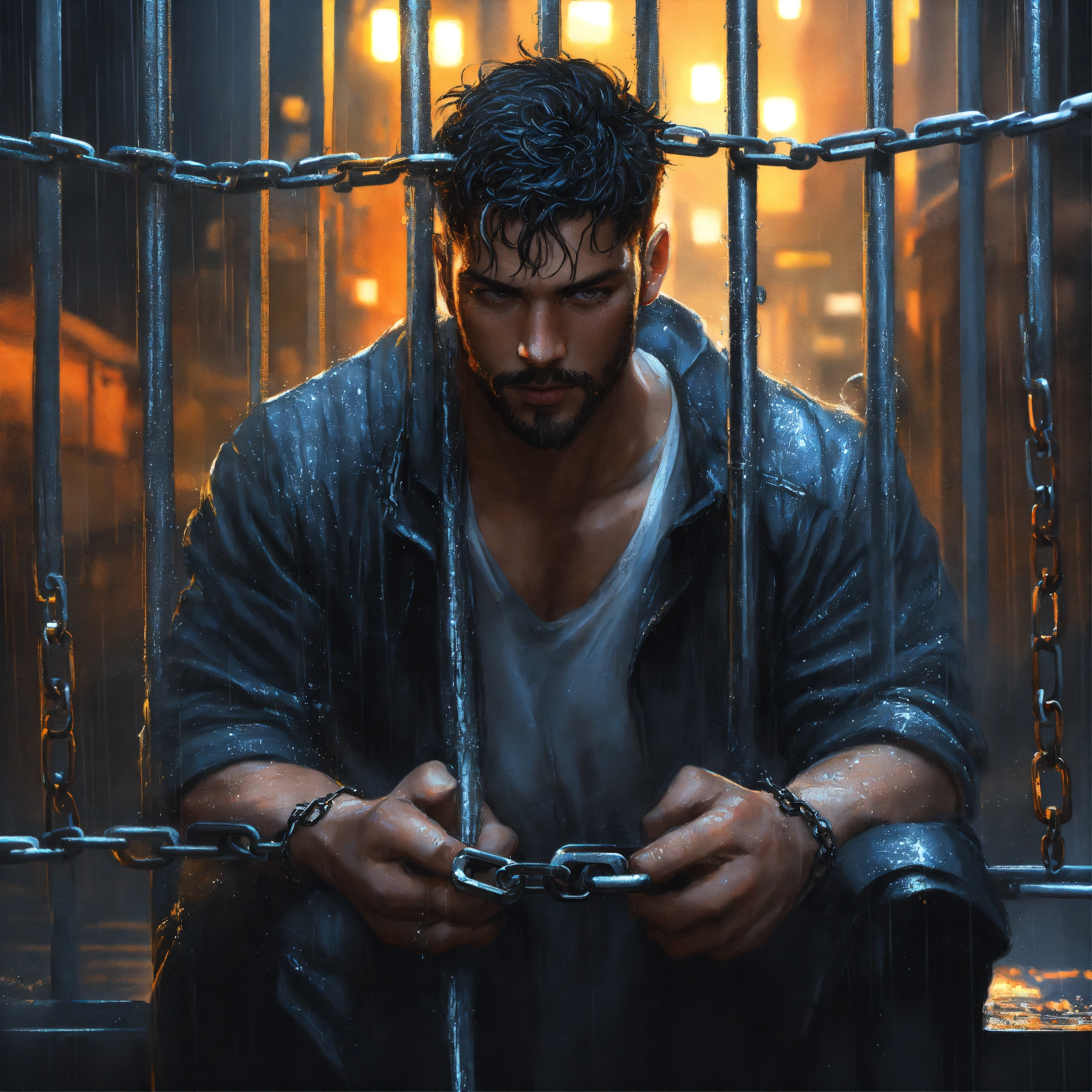 Lexica - Portrait painting of a man breaking prison bars and chains ...