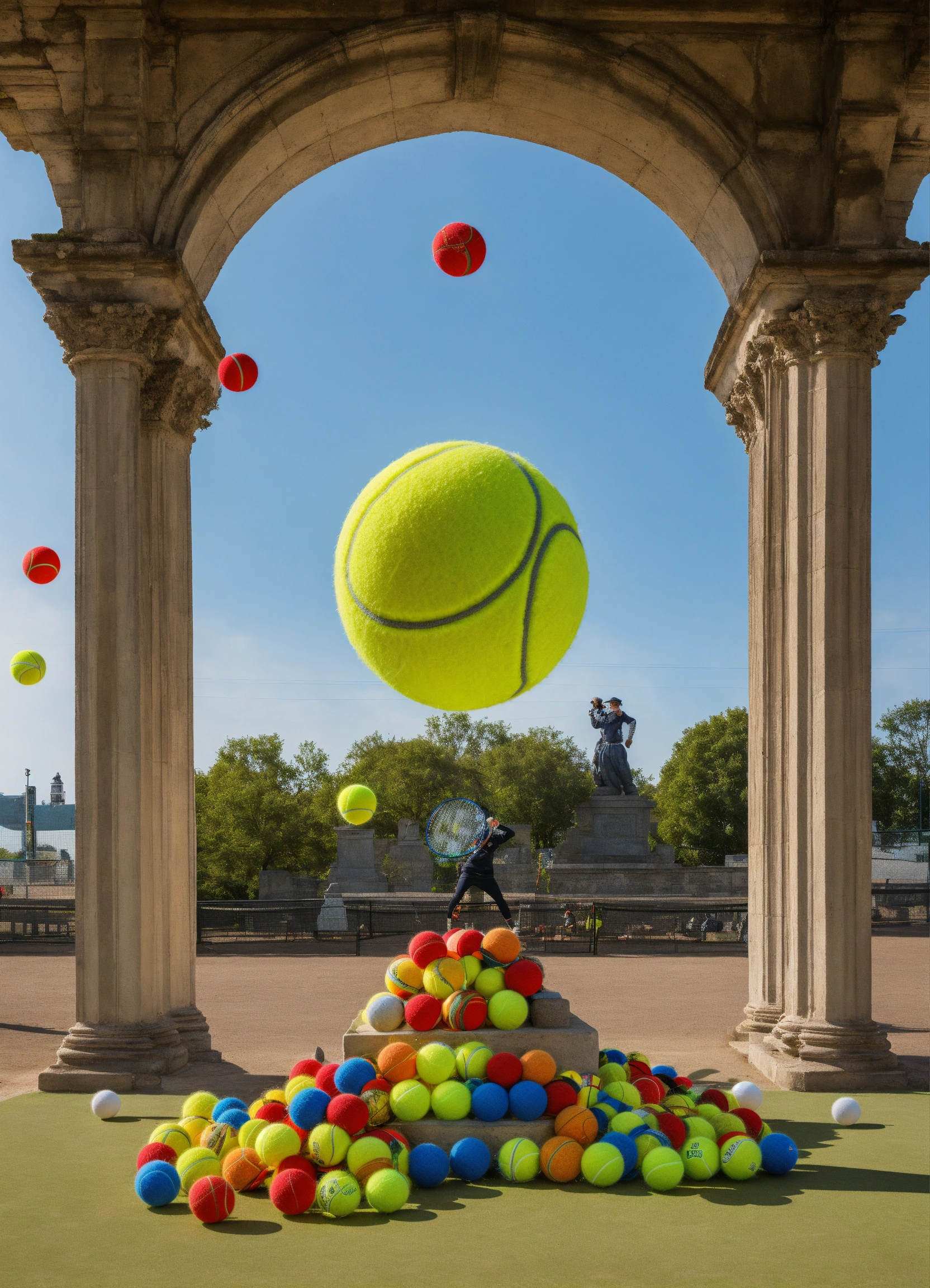 Lexica Comics, juggle with tennis balls, textile art, monuments