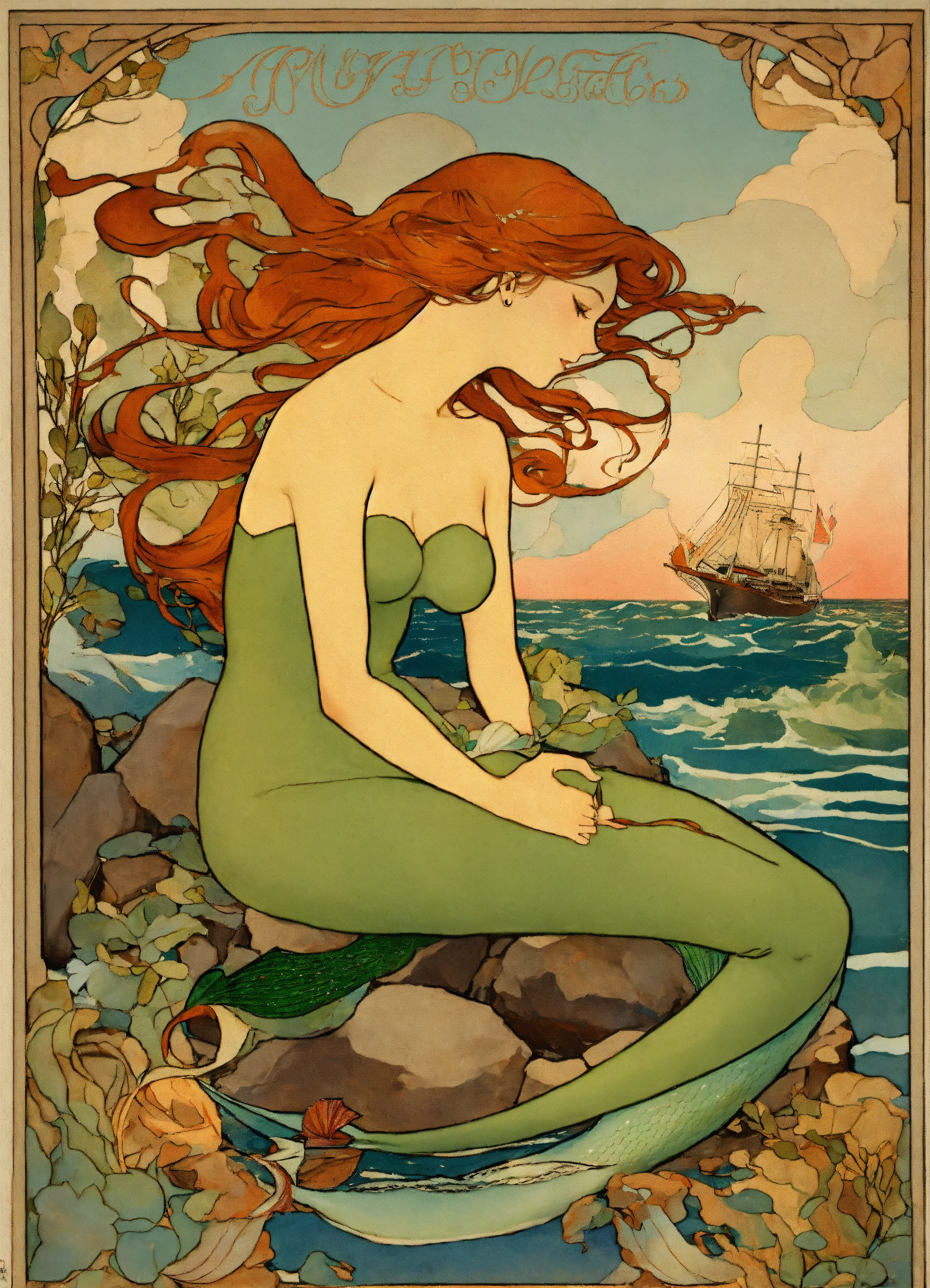 Lexica - A mermaid in the art nouveau style, on a rock, while a clipper ...