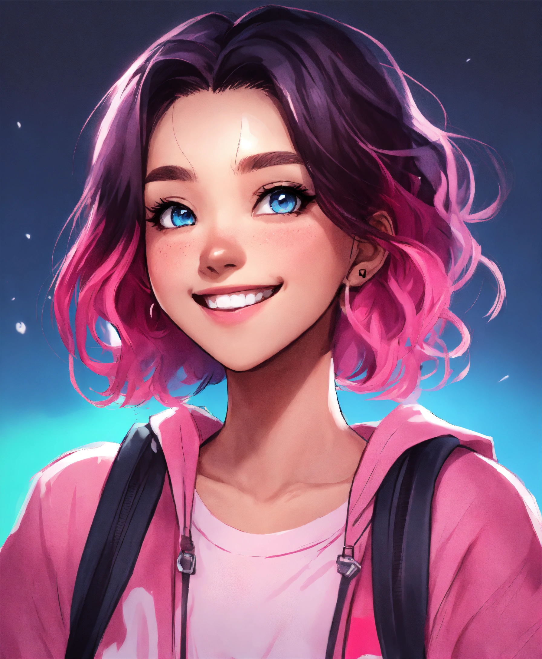 Lexica - Character icon, black pink ombre hair long, smiling, excited ...