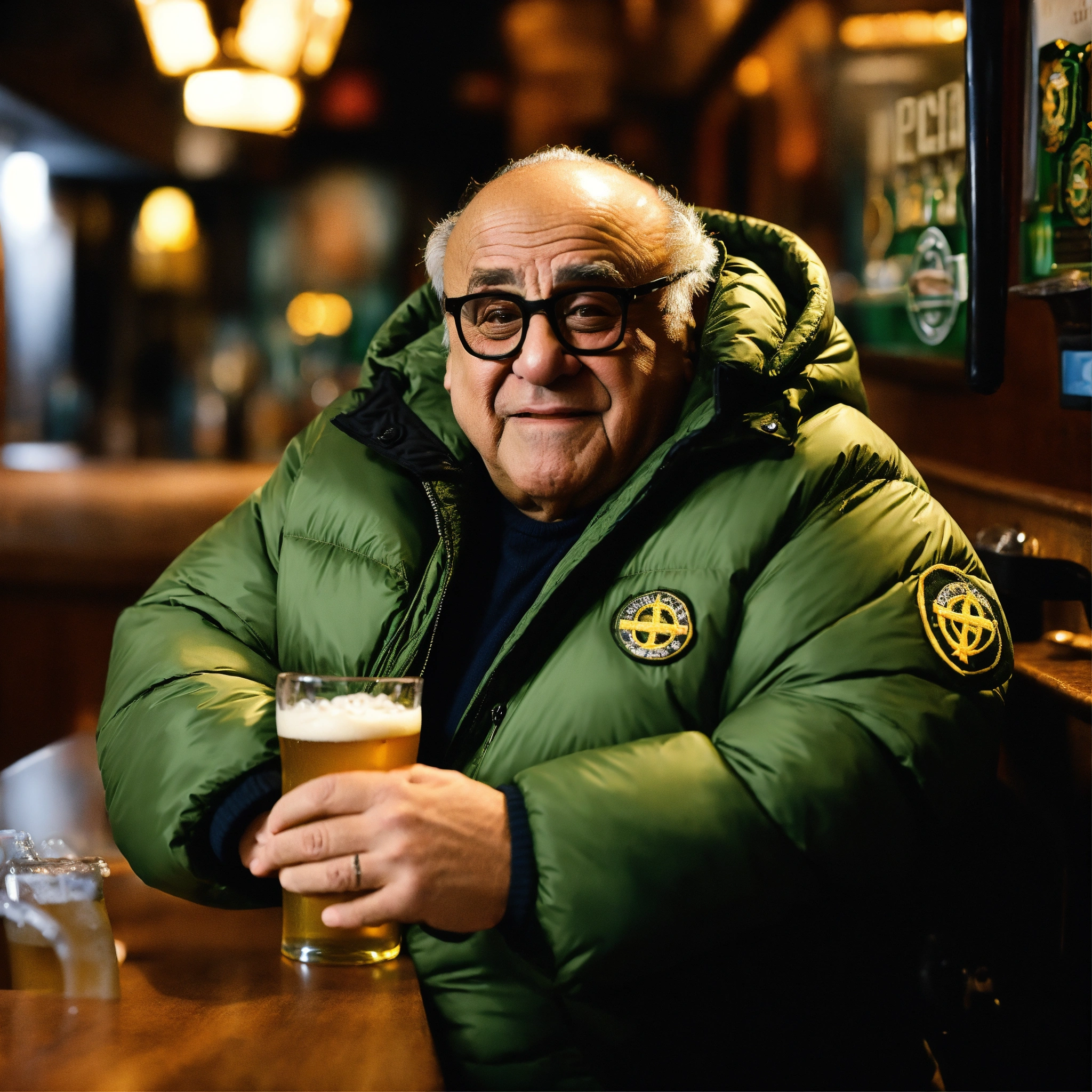 Lexica Charva Danny DeVito wearing a stone island puffer jacket he is drinking a pint of beer in a pub