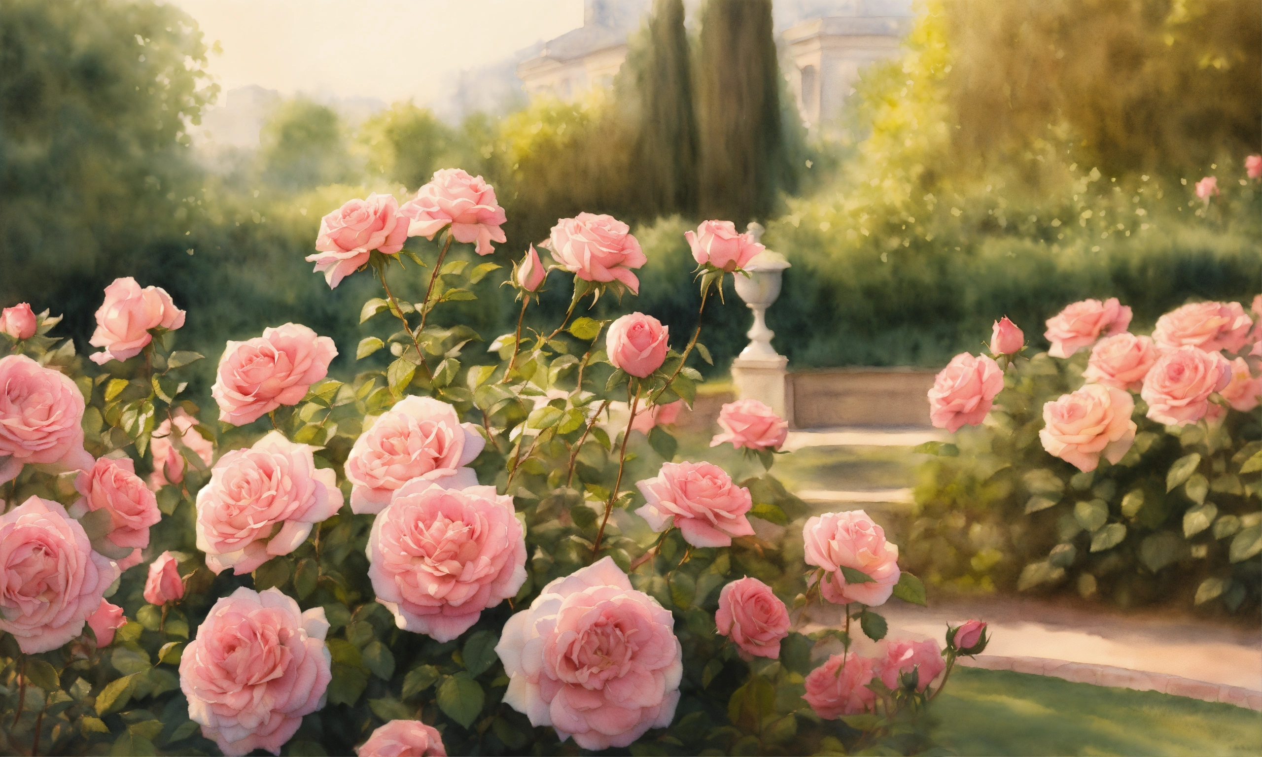 Lexica - Watercolour painting, French rose garden, warm light ...