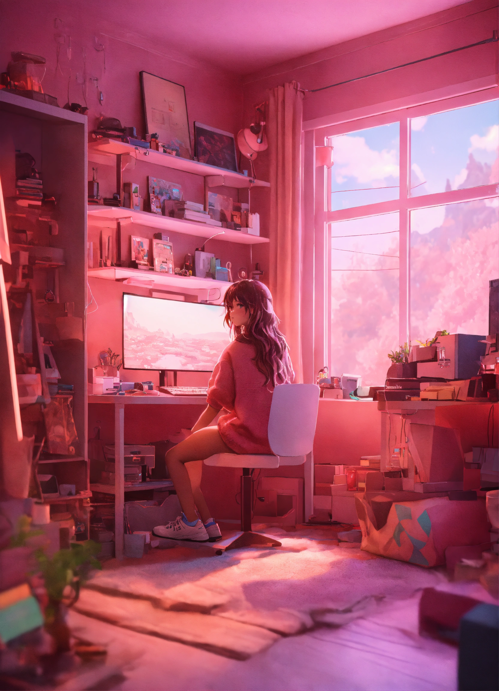 Lexica - Cute lofi girl in front of his computer in her cozy and messy ...