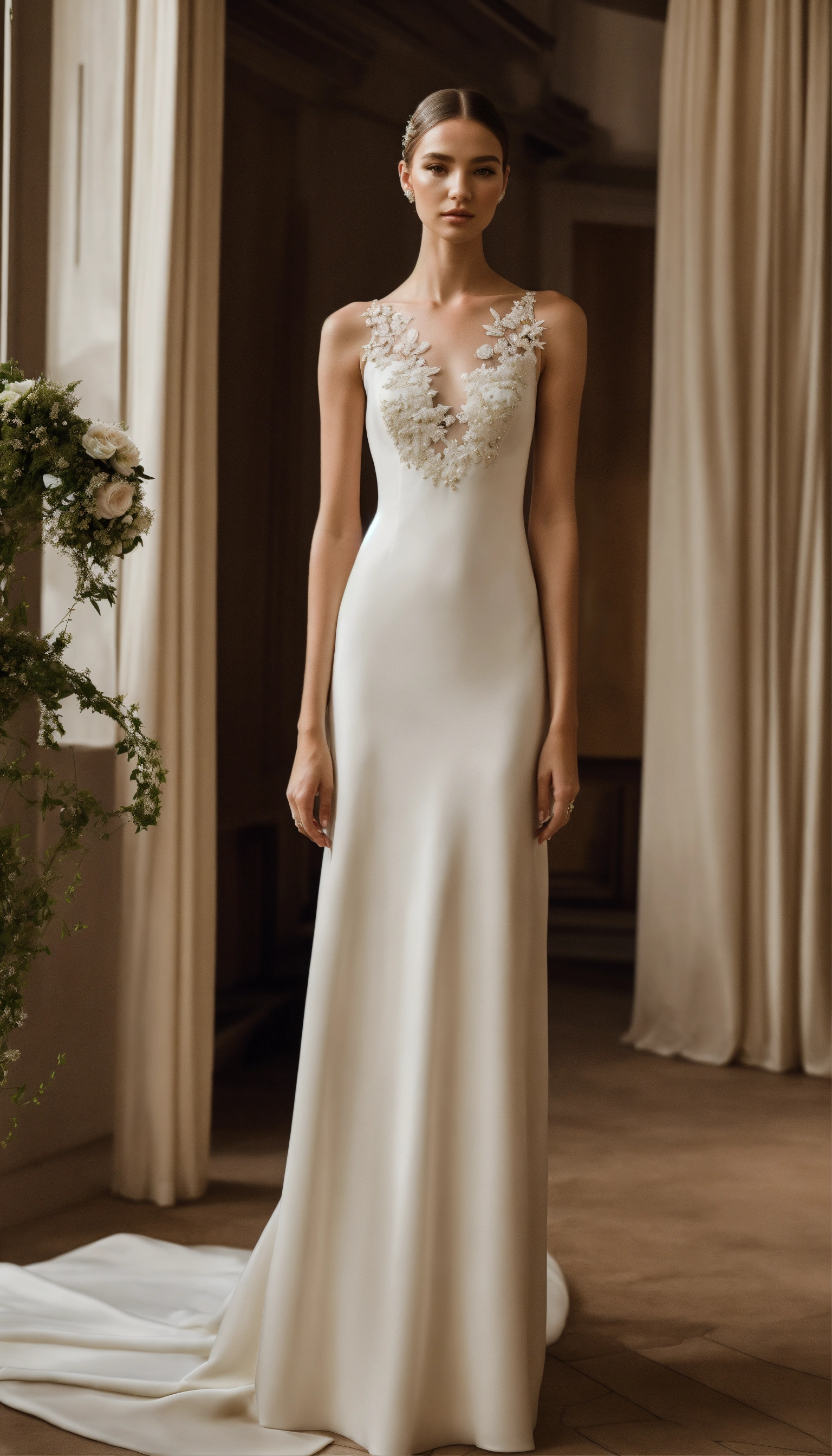 Lexica - Create a realistic photo of a fluid, minimalist wedding dress ...