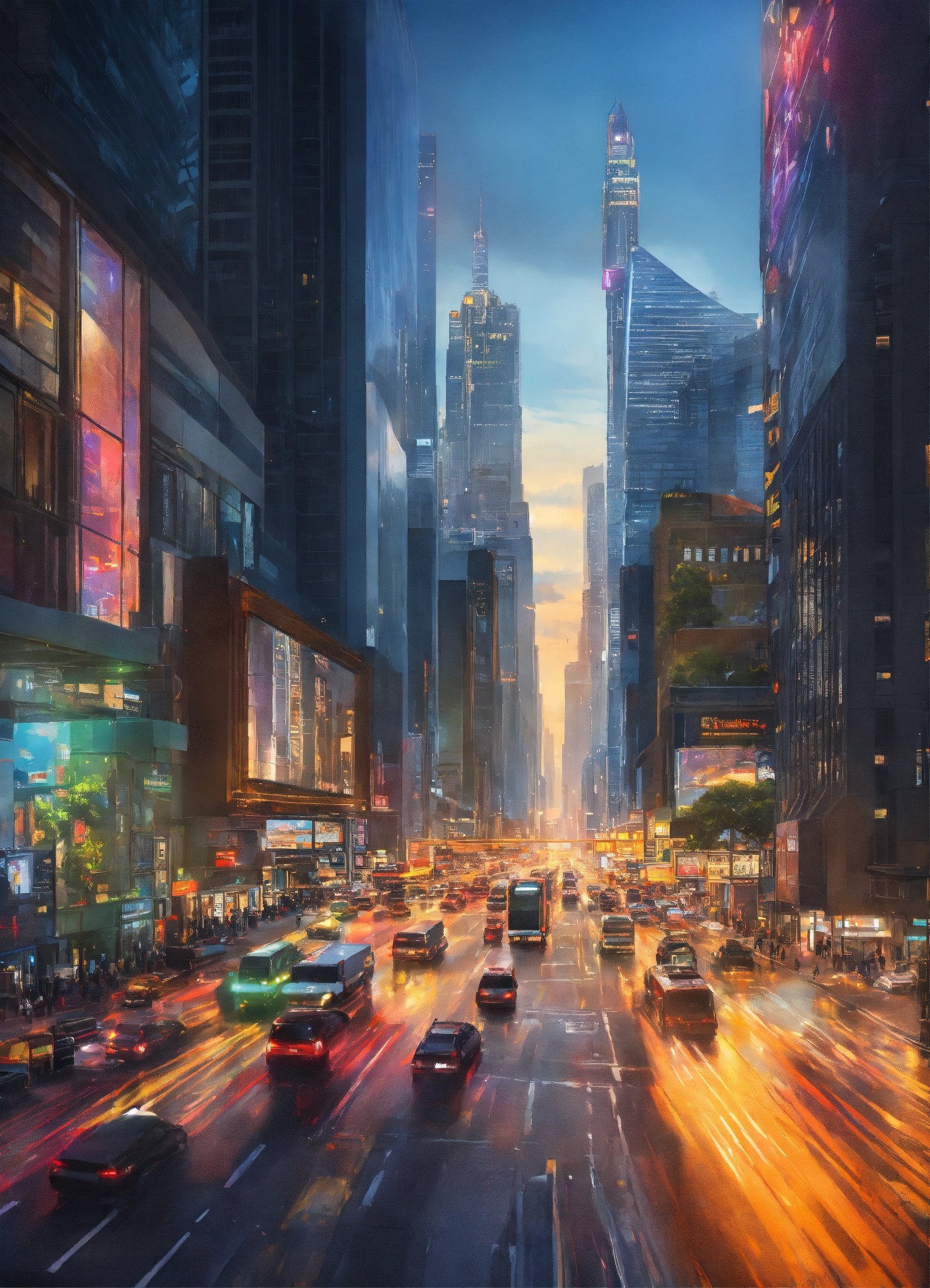 Lexica - Vibrant and bustling city street with busy traffic, bright ...
