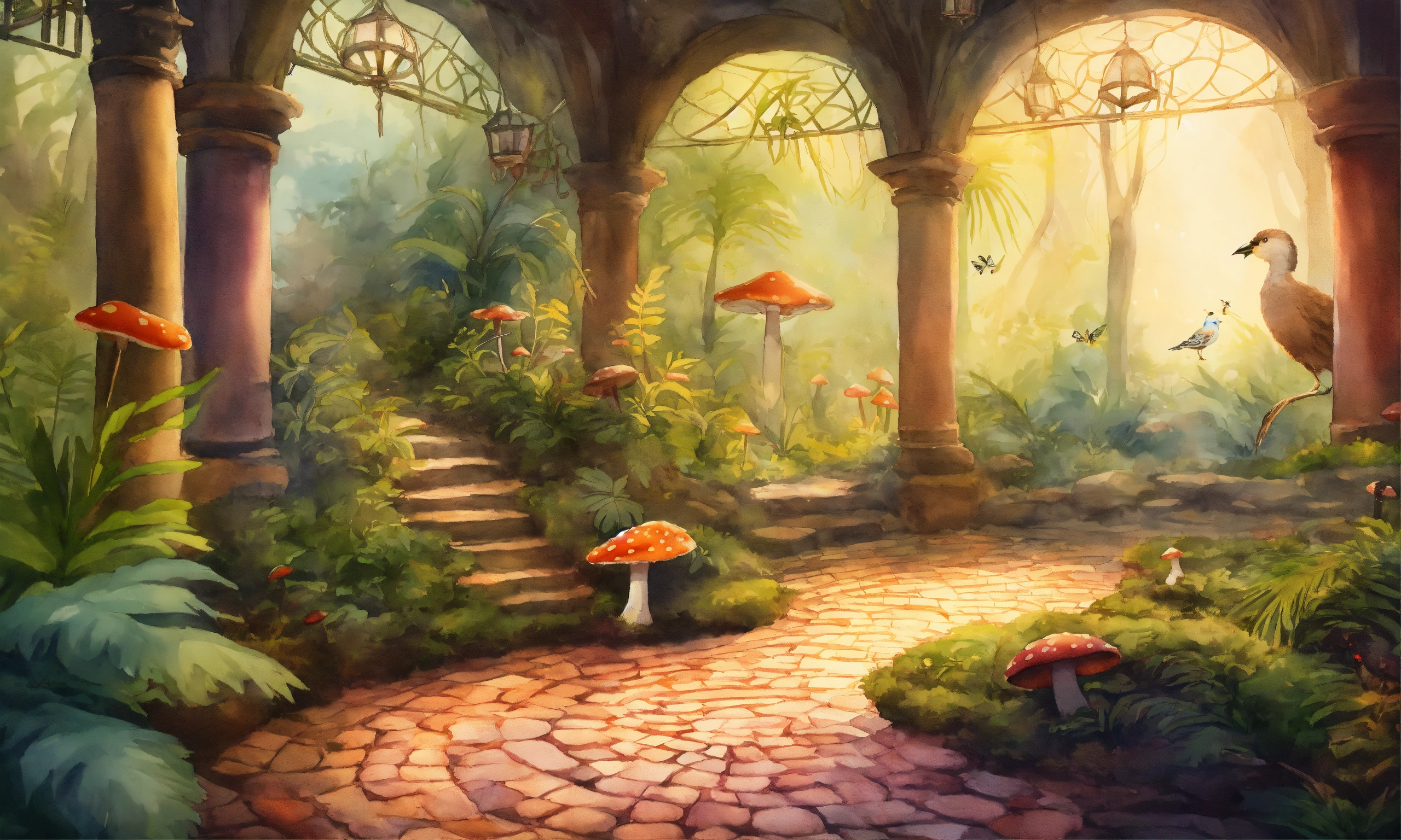 Lexica - A cobblestone pathway winding through an aviary atrium filled ...