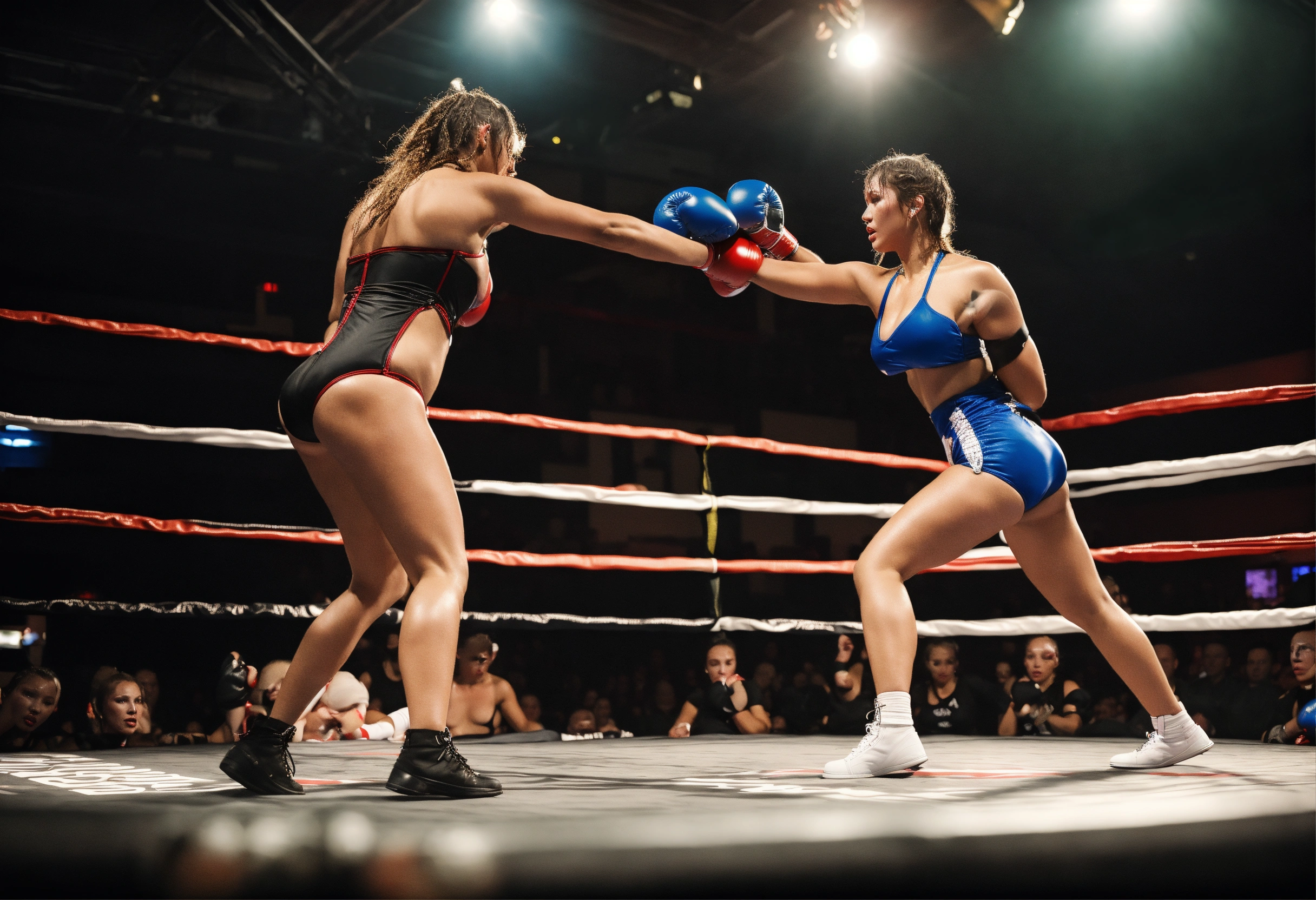 Lexica - Two females, in monokini, 38D cup, fighting in boxing ring