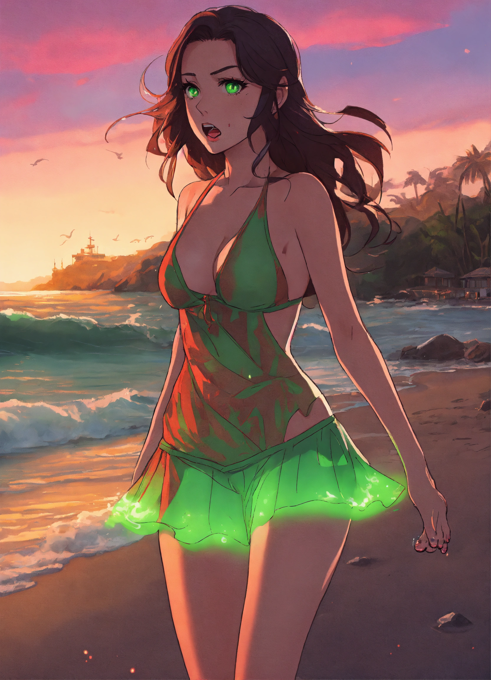 Lexica - Anime illustration Full body image of scared and afraid Lacey  Chabert looking with neon green glowing eyes, being possessed by a spirit  flo...