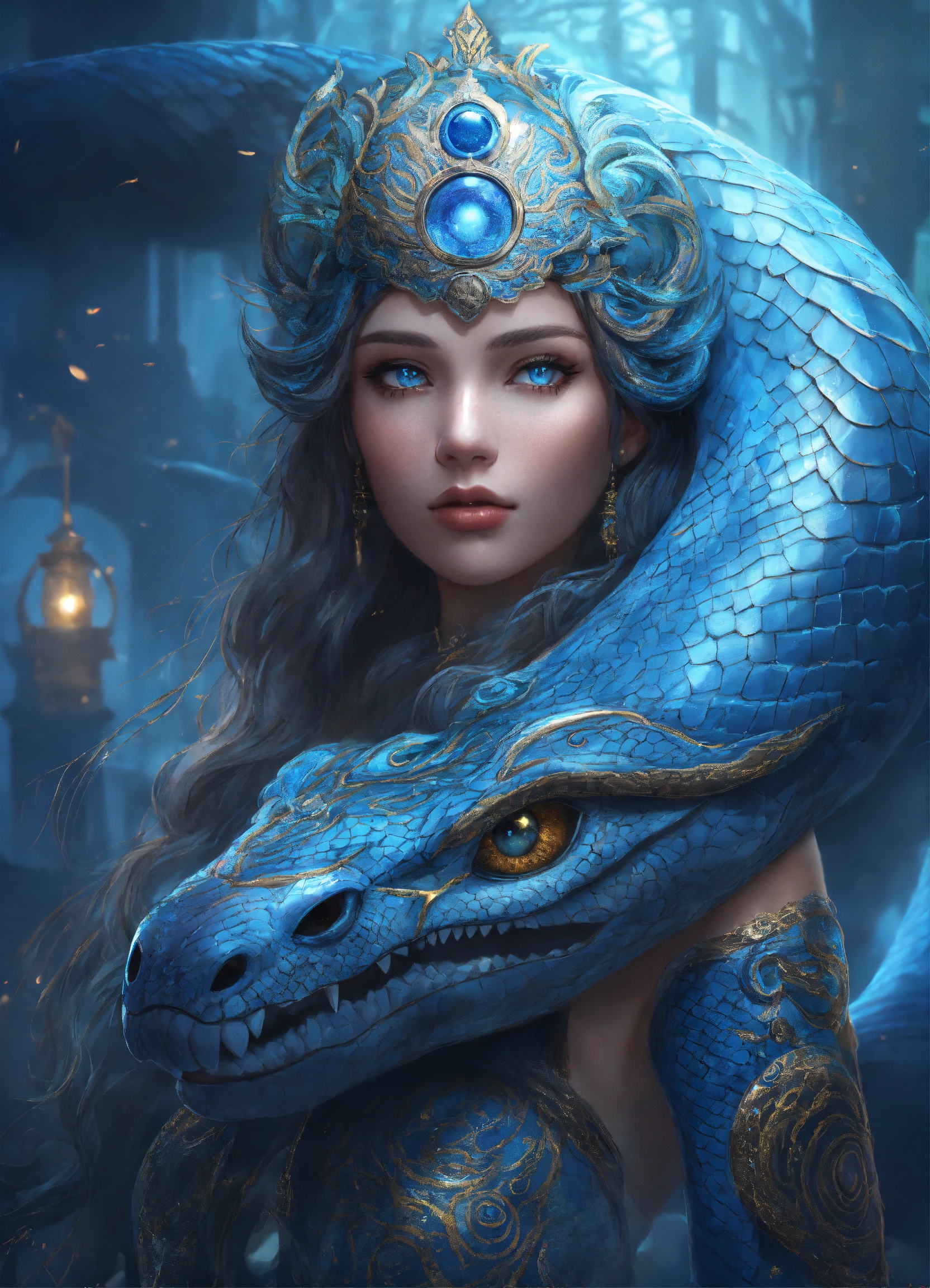 Lexica - A giant serpent in blue and silver, dazzling eyes and a third ...