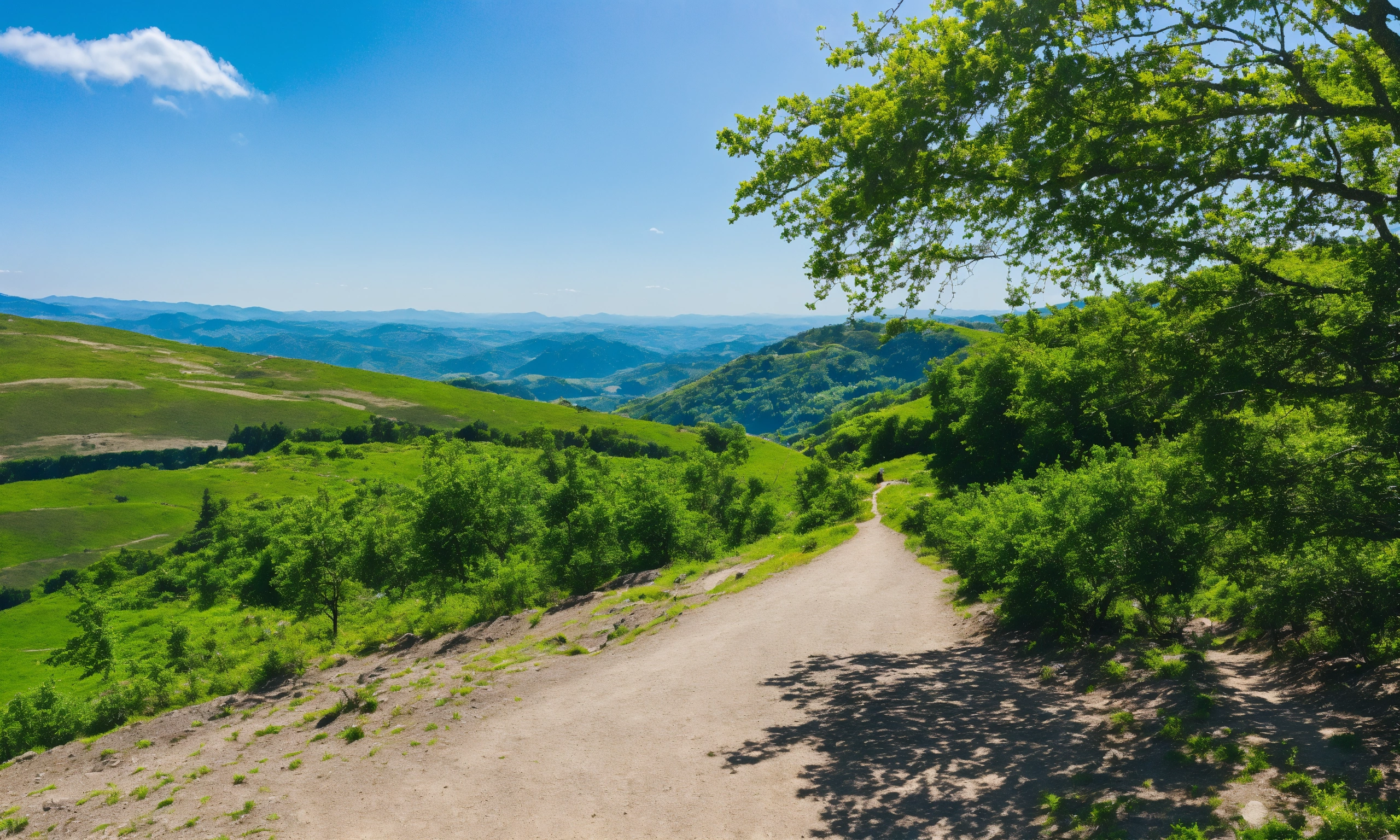 Lexica - Endless hiking trail, green trees, hills in the background