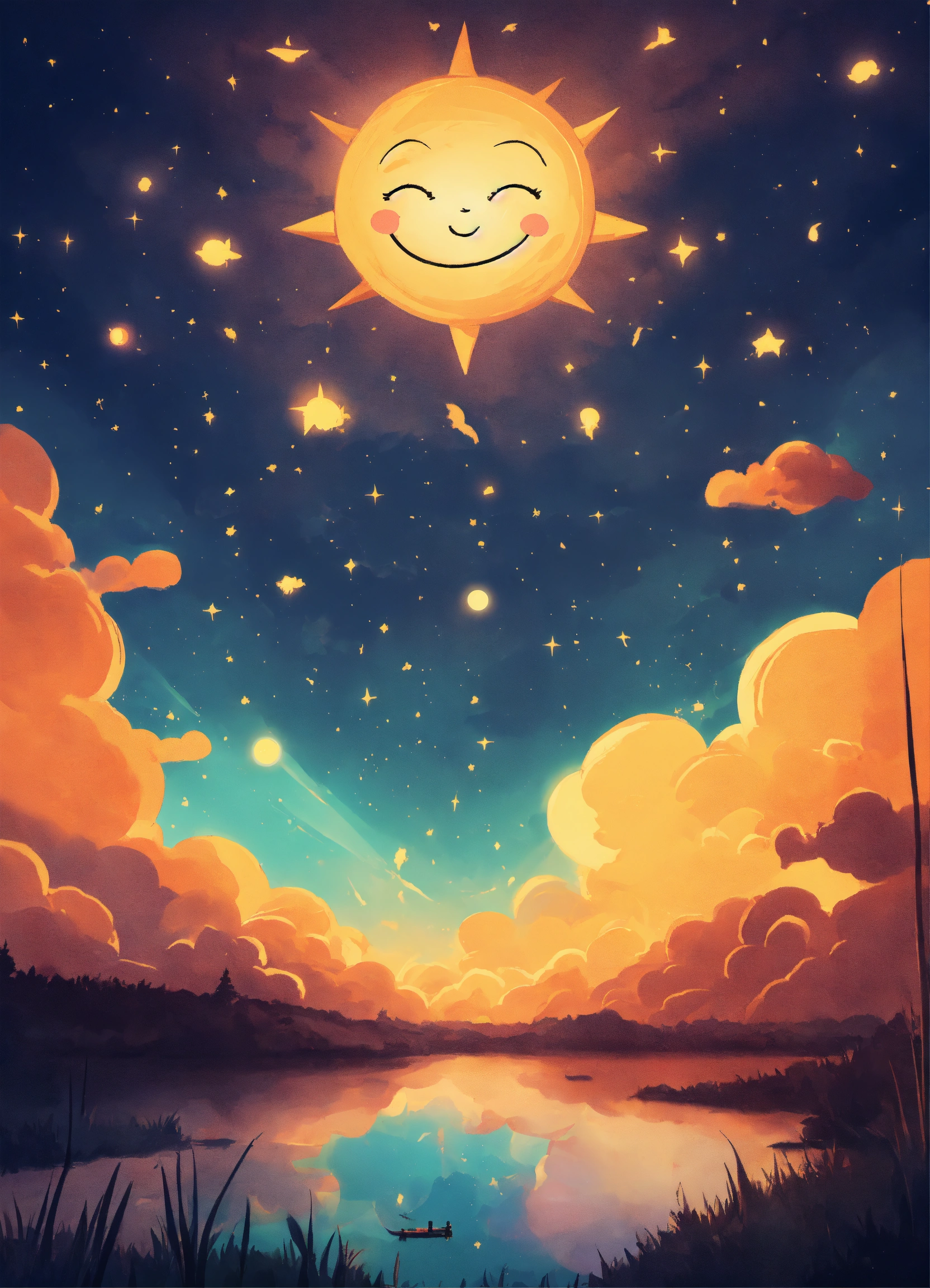Lexica - An image of cute Sun shining in the night sky, looking into ...