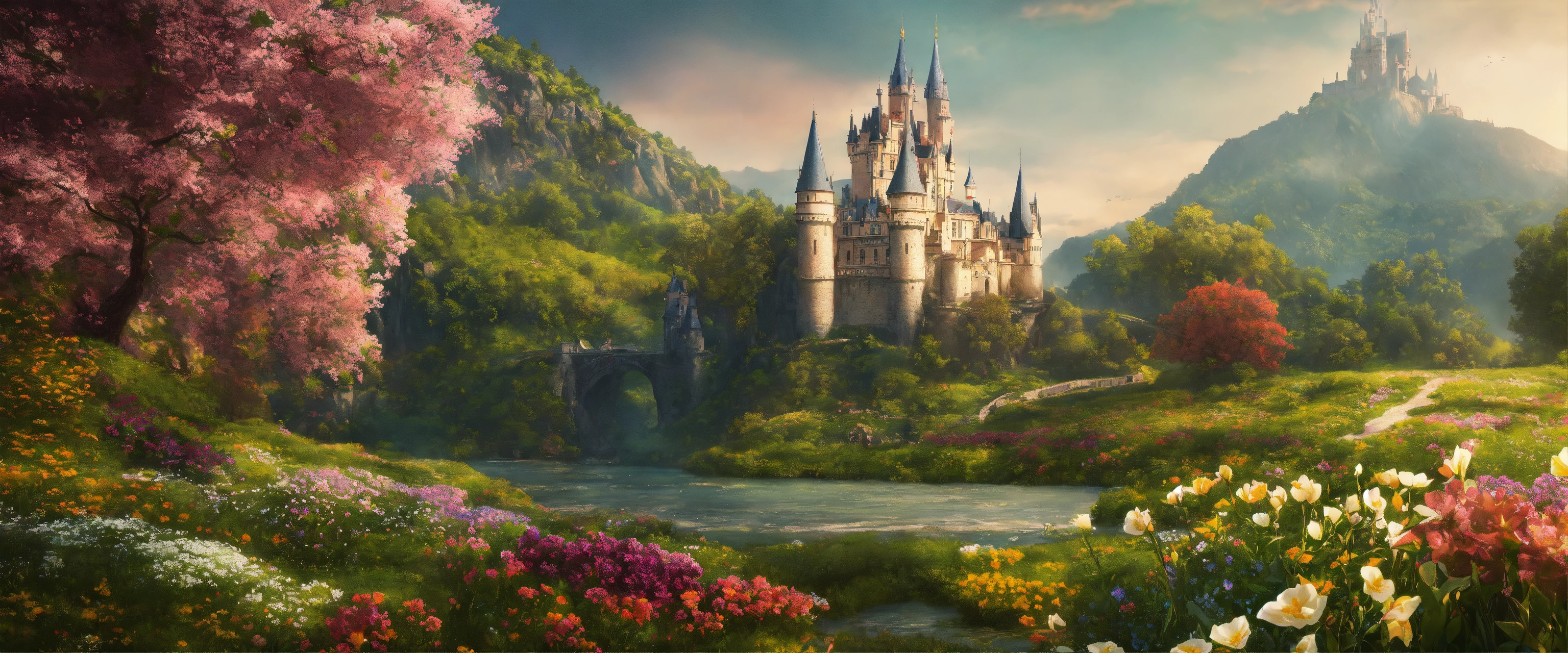 Lexica - A fantasy dream land landscape with a river and flowers along ...