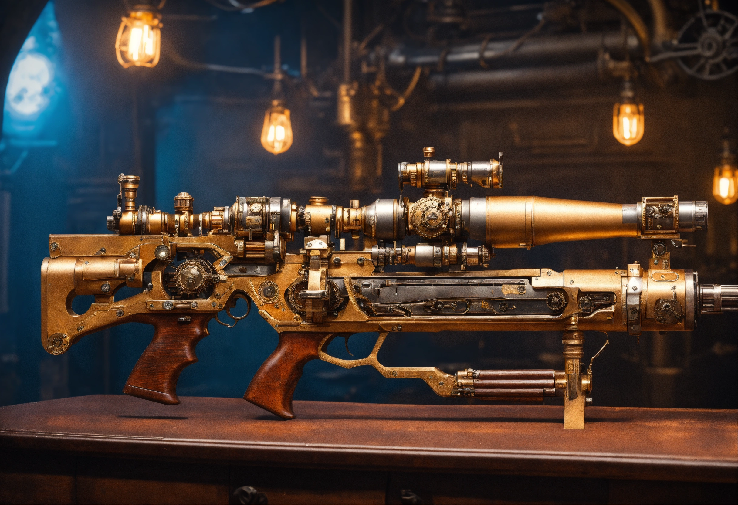 Lexica - Side view of the full image of a steampunk energy rifle
