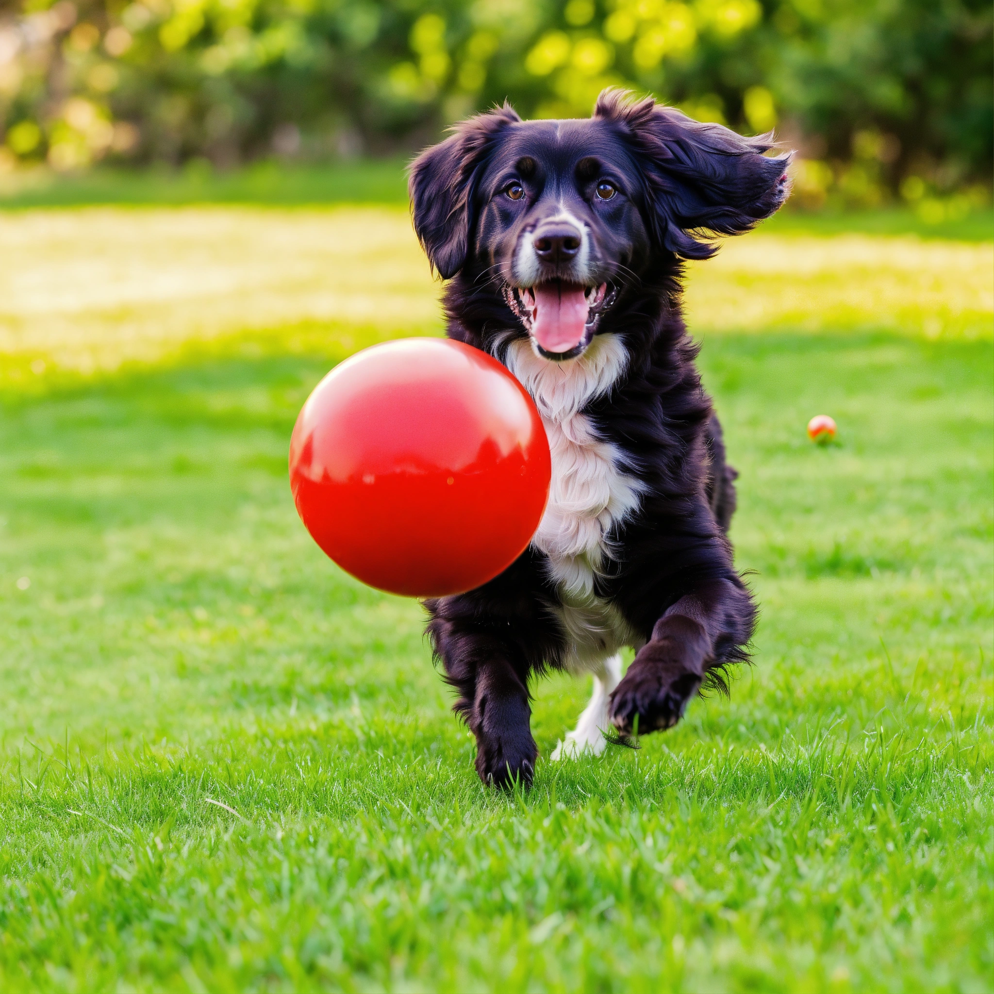 Lexica - A photo of a dog playing with a red ball. The dog is happy and ...