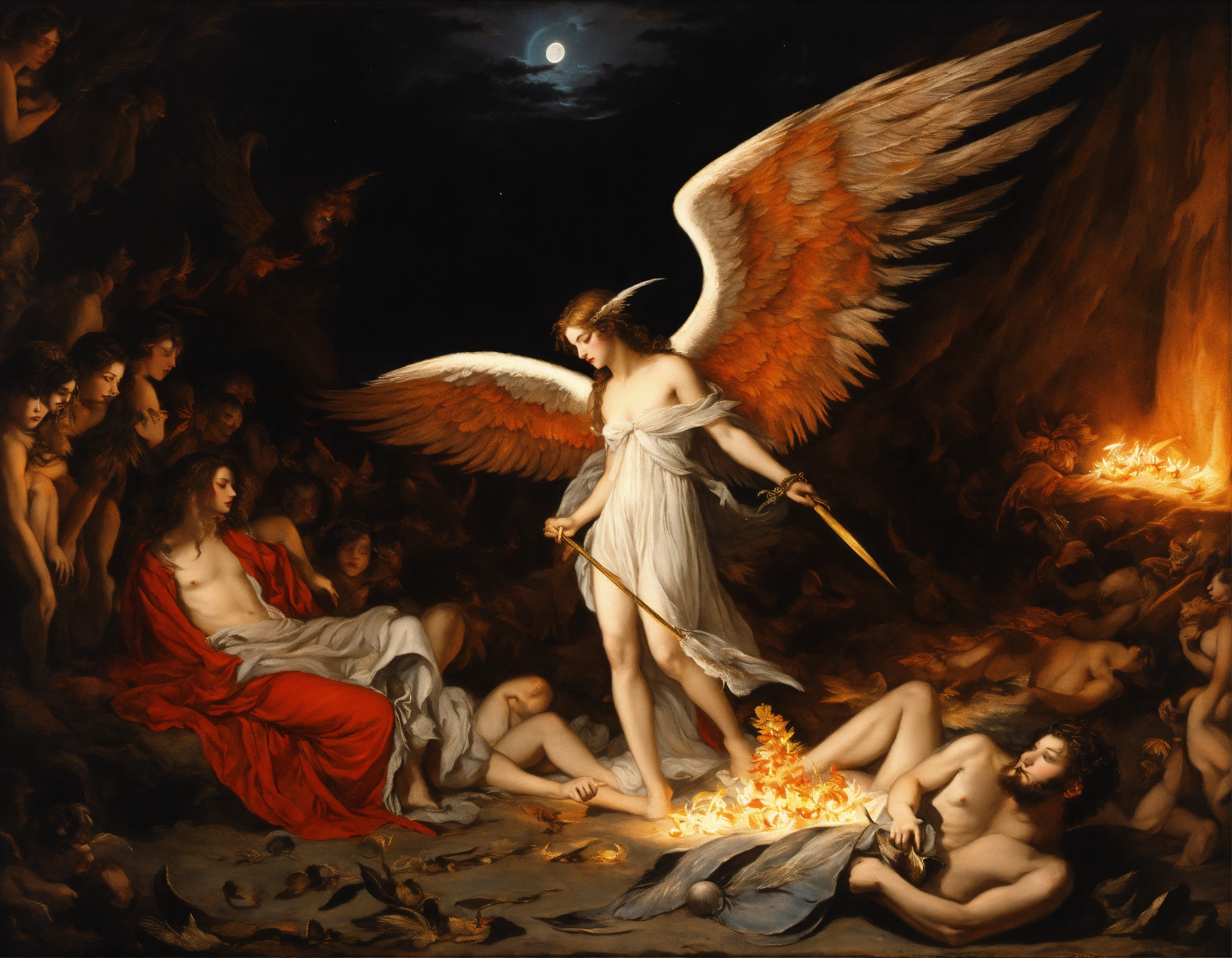 Lexica - Tempted fallen angel with feathered wings in Hell, illuminated ...