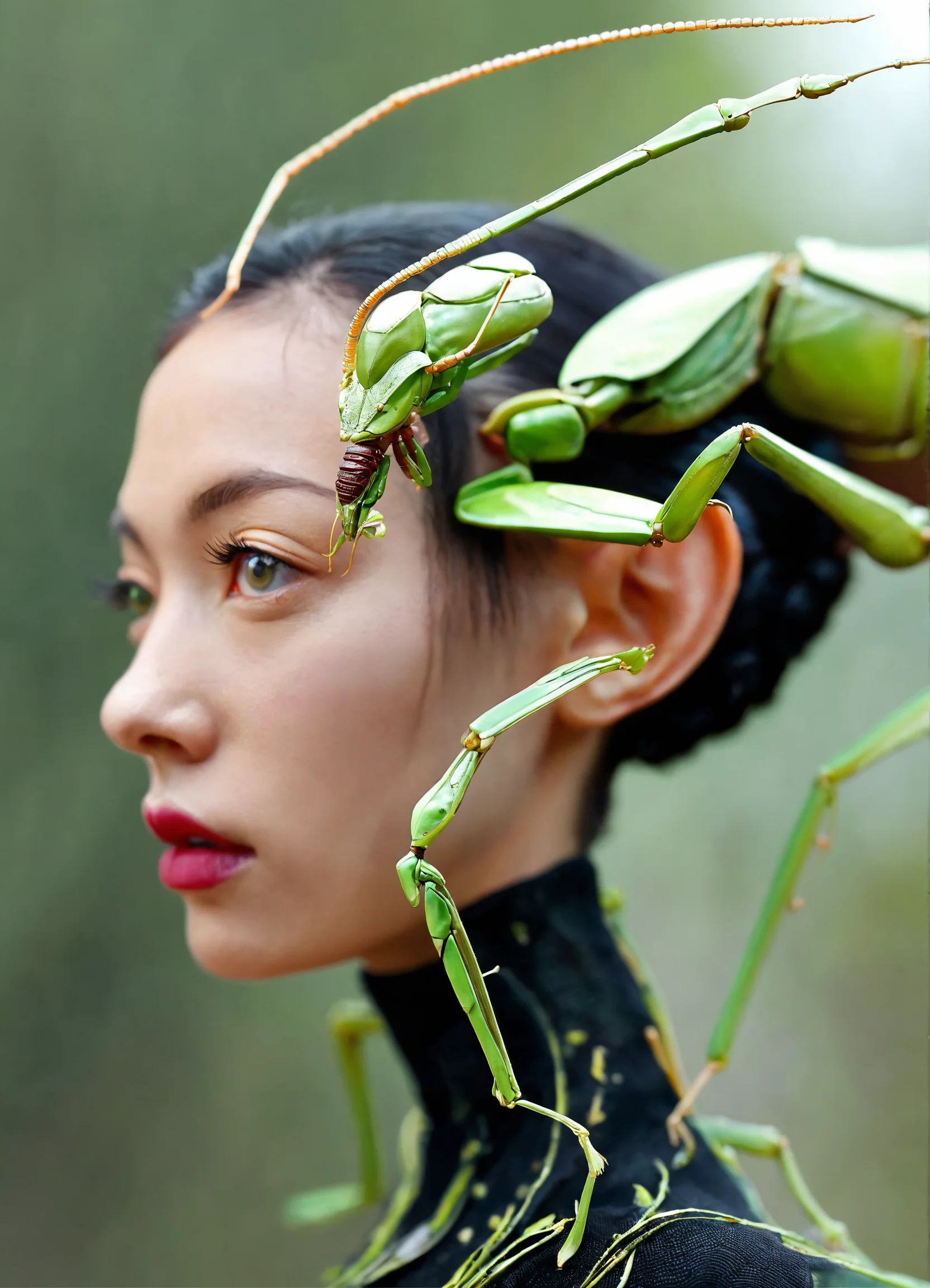 Lexica - A woman with hairstyle made from fictional artistic Mantis