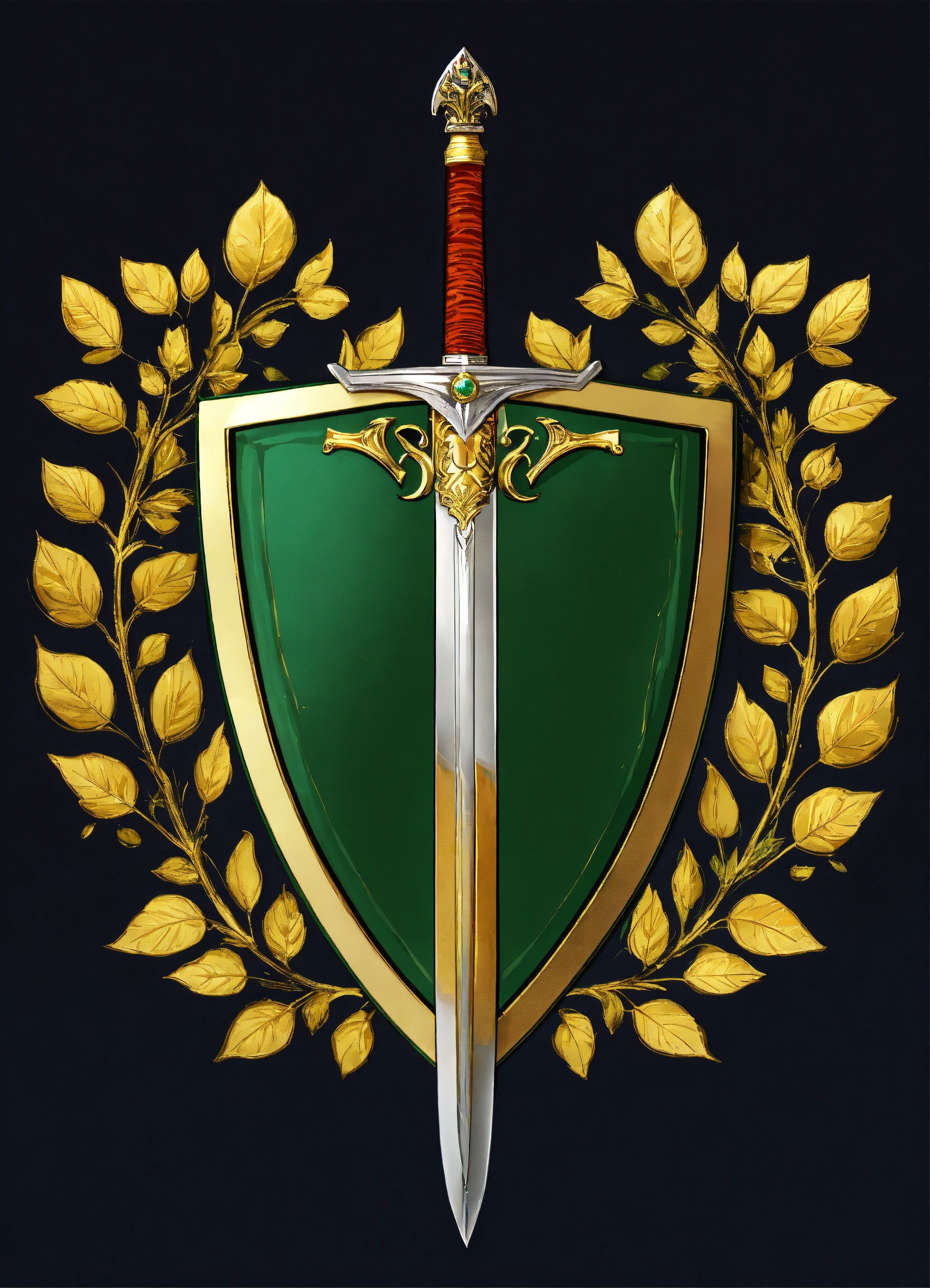 Lexica - A simple green shield with heraldry of gold leaves and a sword ...