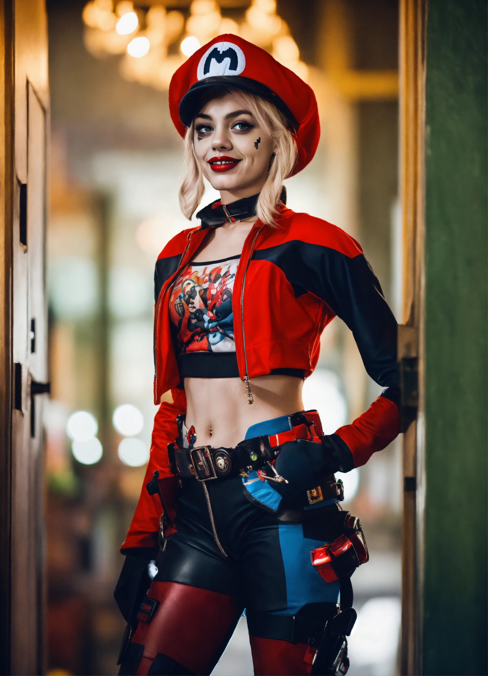 Lexica - Harley quinn, combinada con Mario bros, Harley quinn con gorra de  Mario bros, ropa de Harley quinn, posando con seguridad, HD 8k