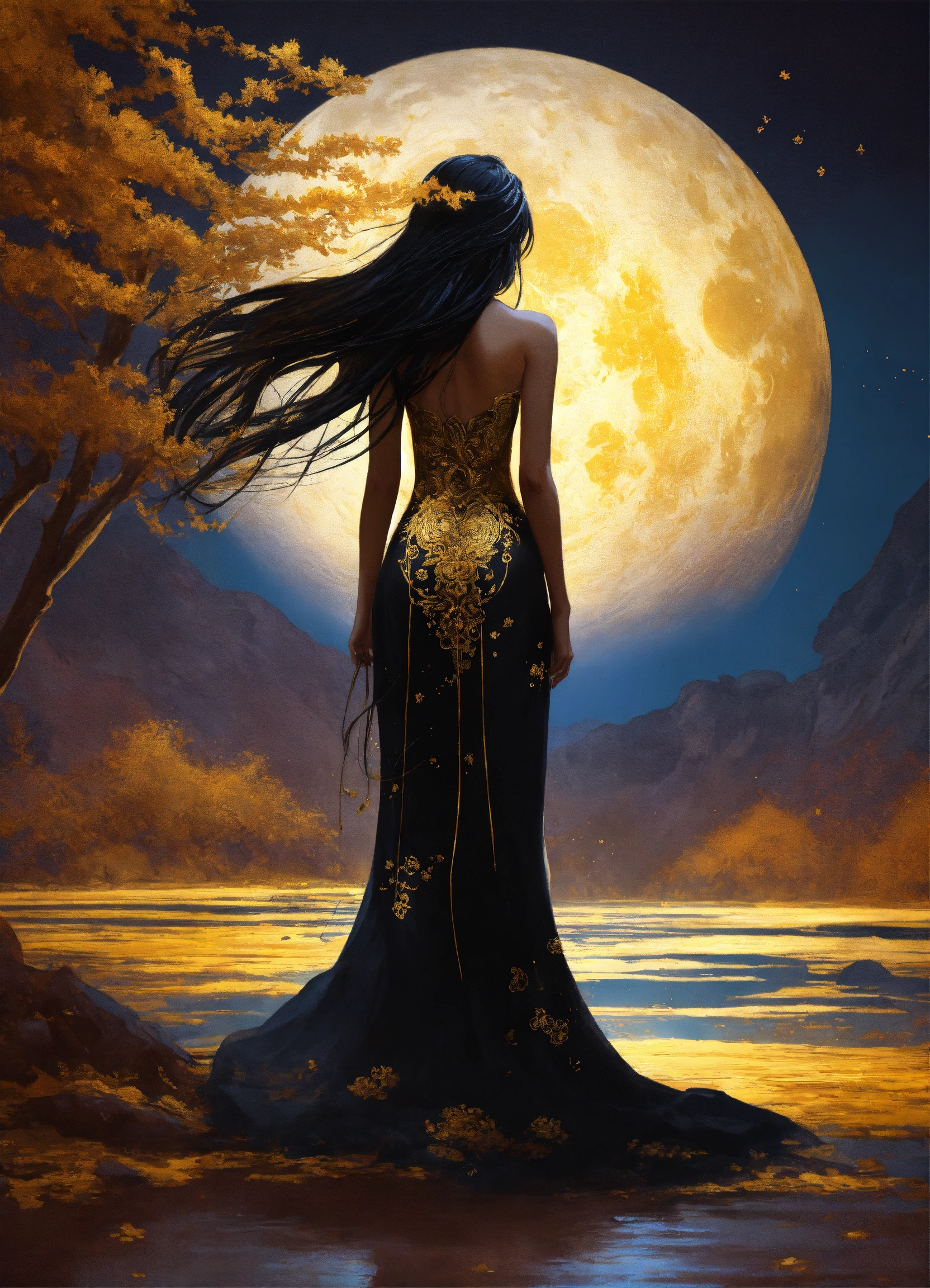 Lexica - Black and gold ink, the full body back of a mysterious Asian ...