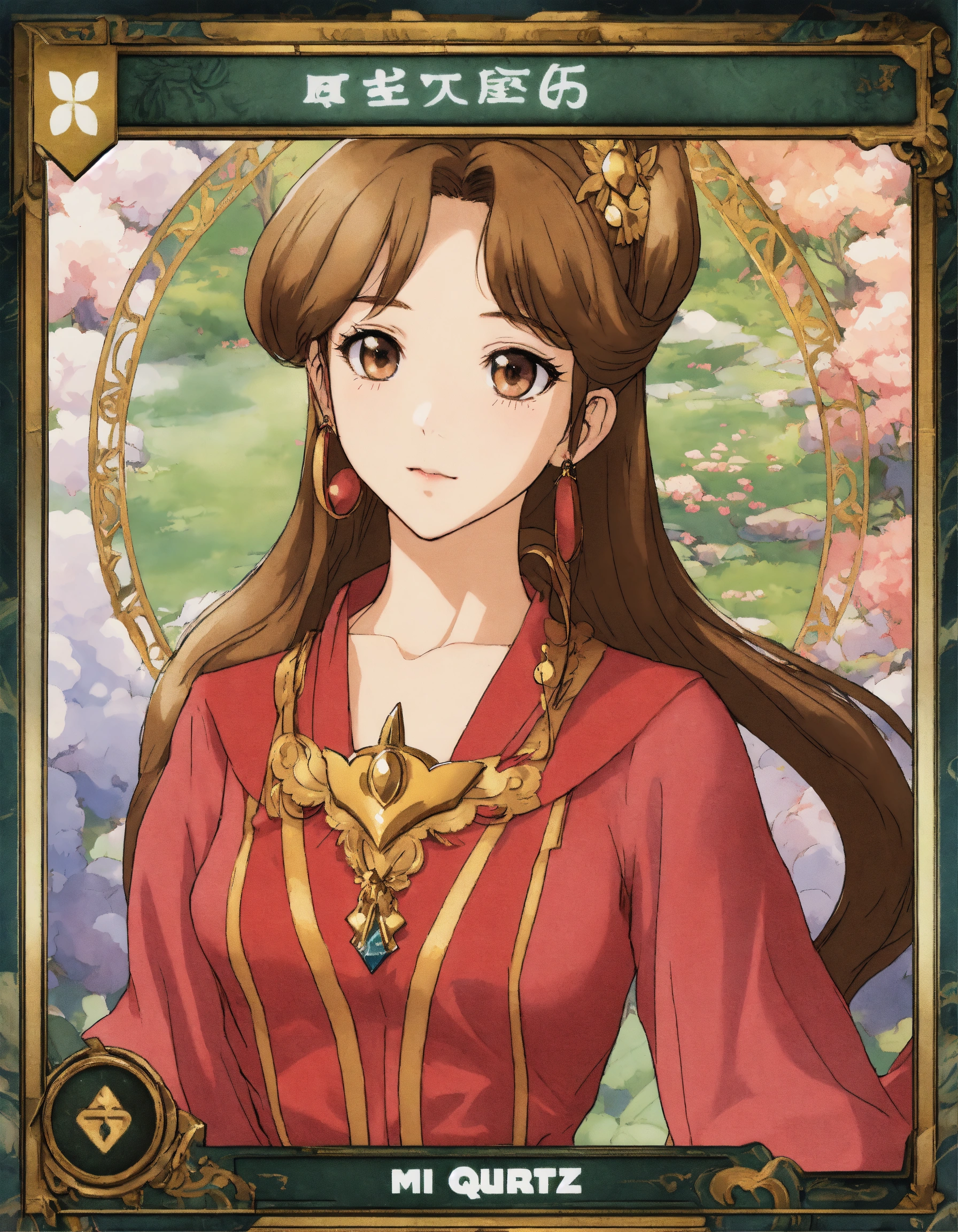 Lexica Quartz modern trading card featuring an alluring manga tempting woman, the