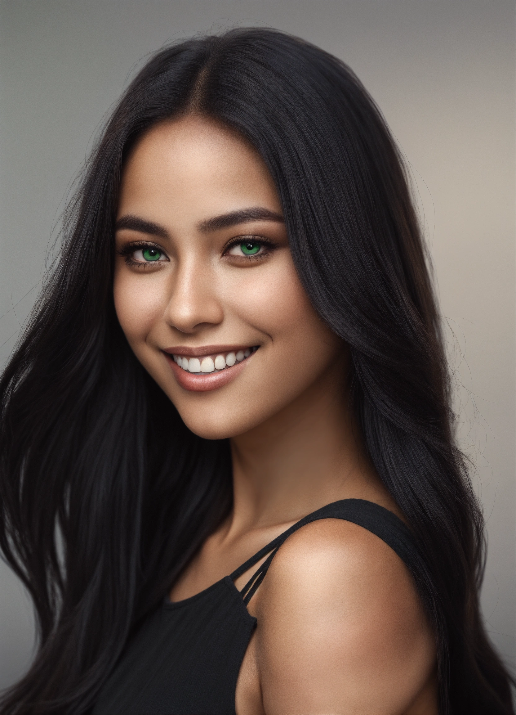 Lexica Smiling Very Beautiful Mixed Raced Girl Green Eyes Long Black Hair Wearing Black 