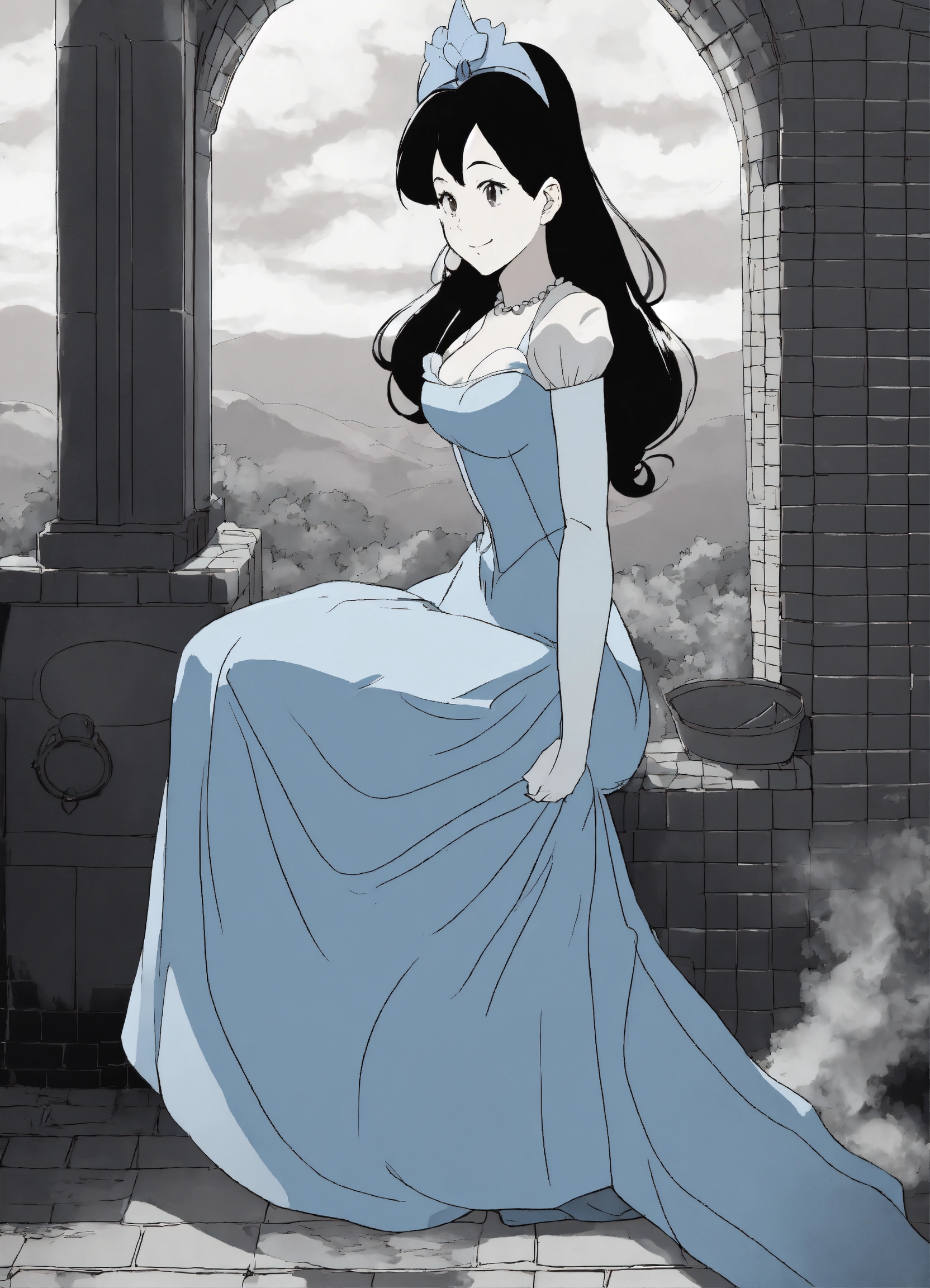 Lexica - Cinderella with black hair cleaning a chimney, Face pose, gray ...