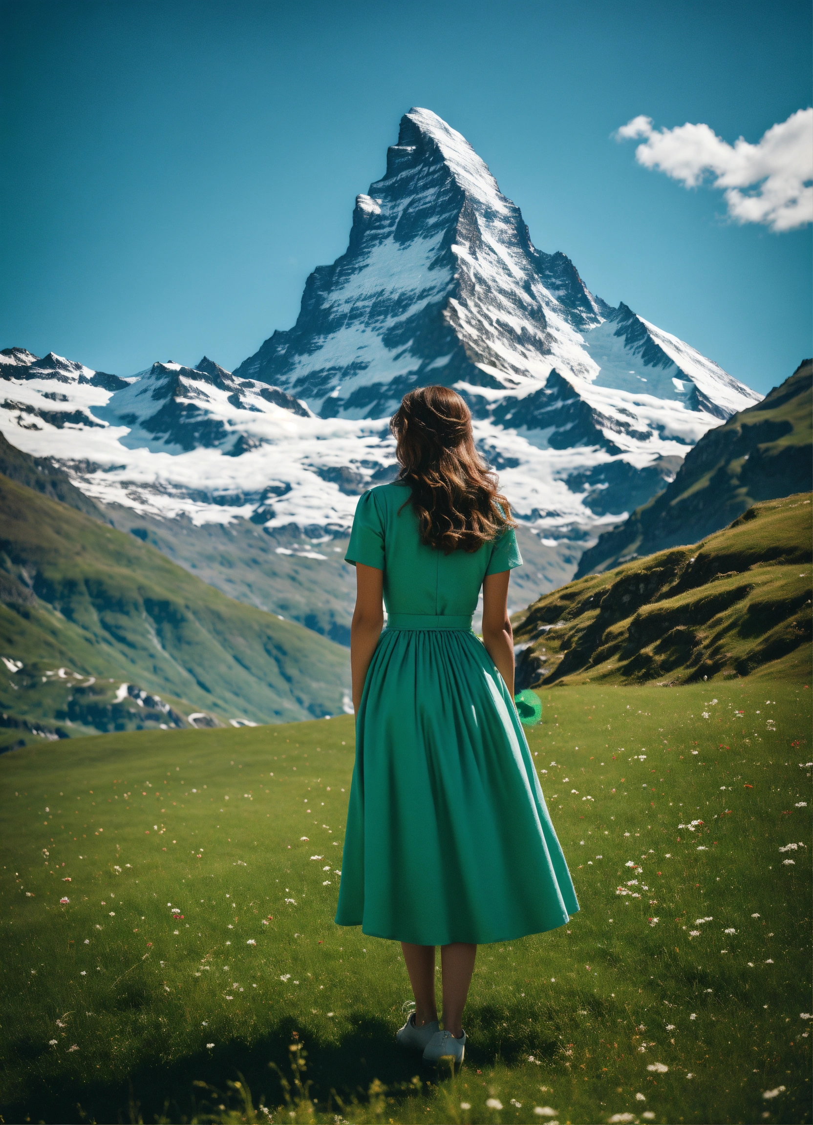Lexica - A young woman stands on a green meadow, sky blue midi dress ...