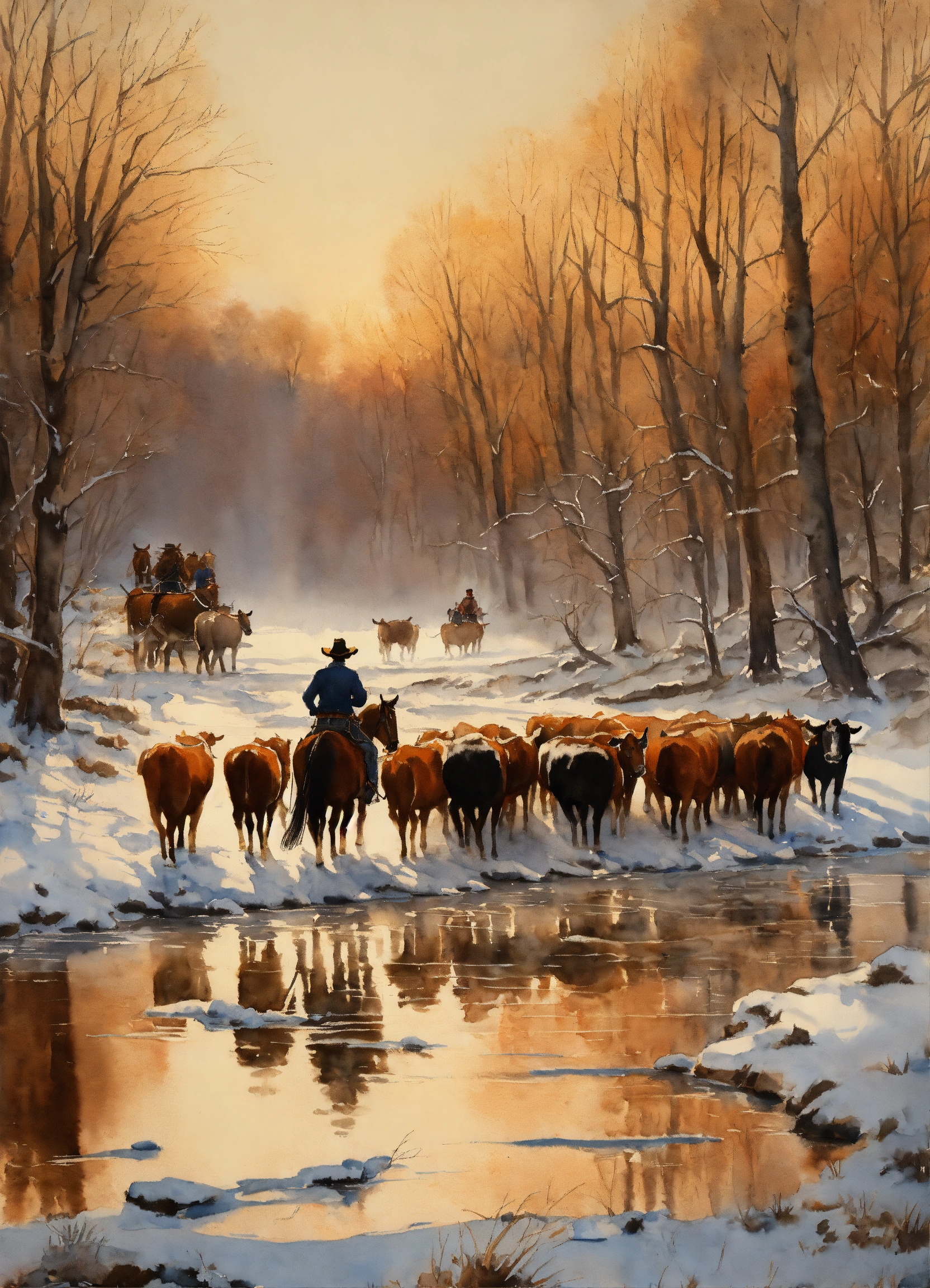 Lexica - A watercolor painting of a cowboy on horseback driving a herd ...
