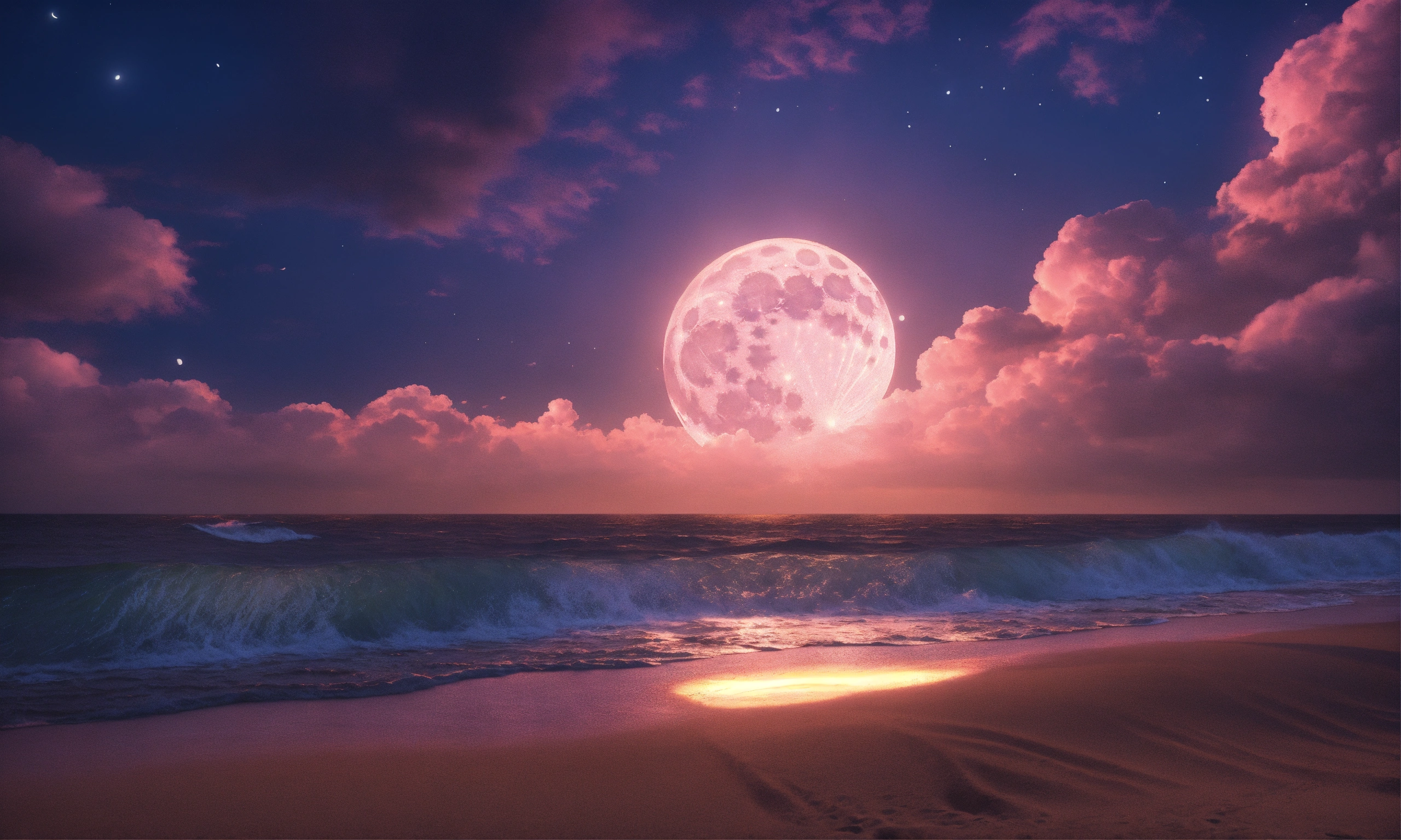 Lexica - Close up of beach with moonlight glow, lots of clouds, 4k ...