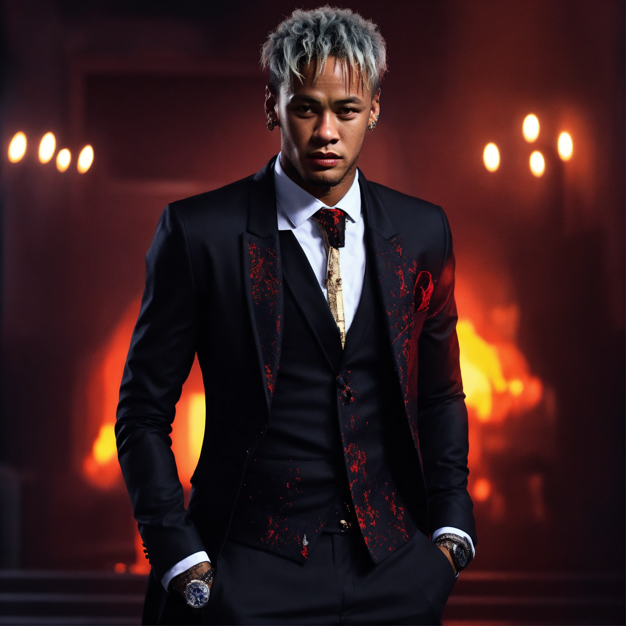 Lexica - Neymar Jr as a vampire, for halloween, black suit, scary, 4k  realistic style