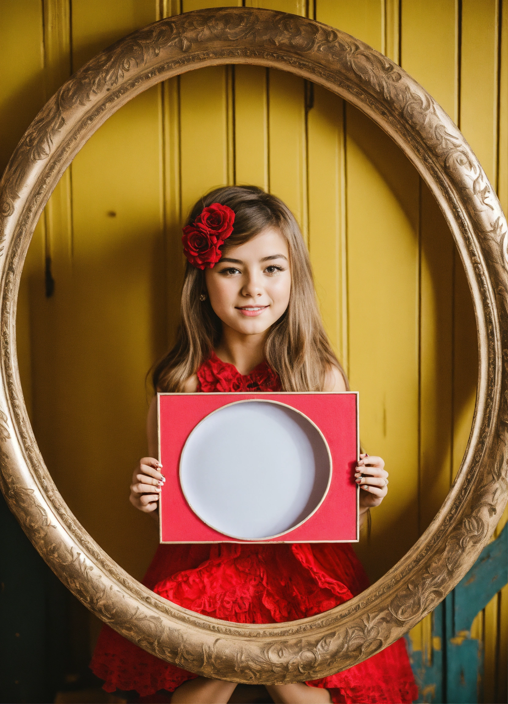 Lexica - Girl holing a giant round photo frame