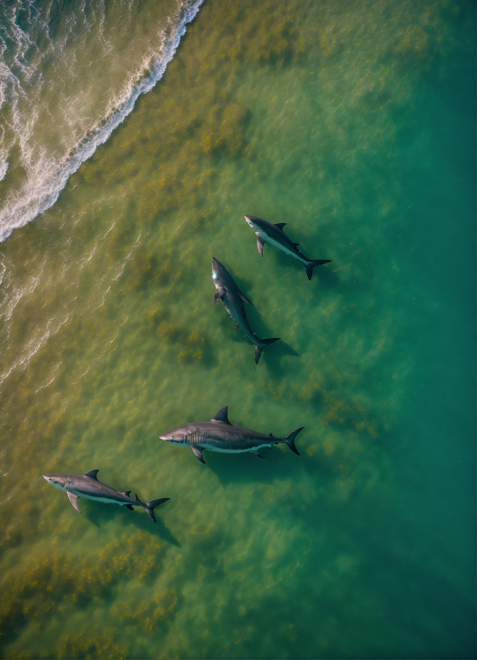 Lexica - Overhead drone footage, great white sharks in the ocean, Nikon ...