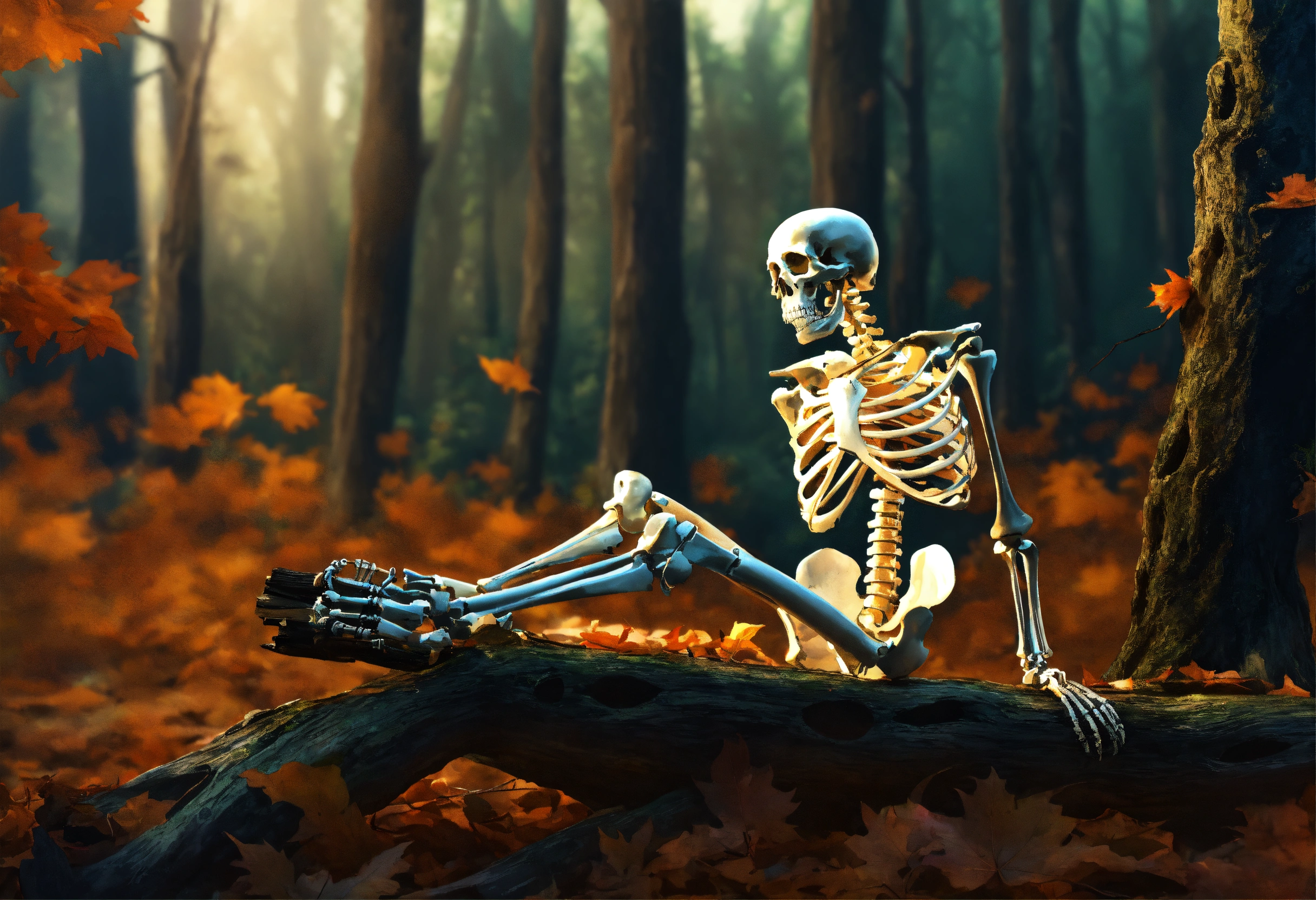 Lexica - Create a digital art piece featuring a skeleton sitting on a ...