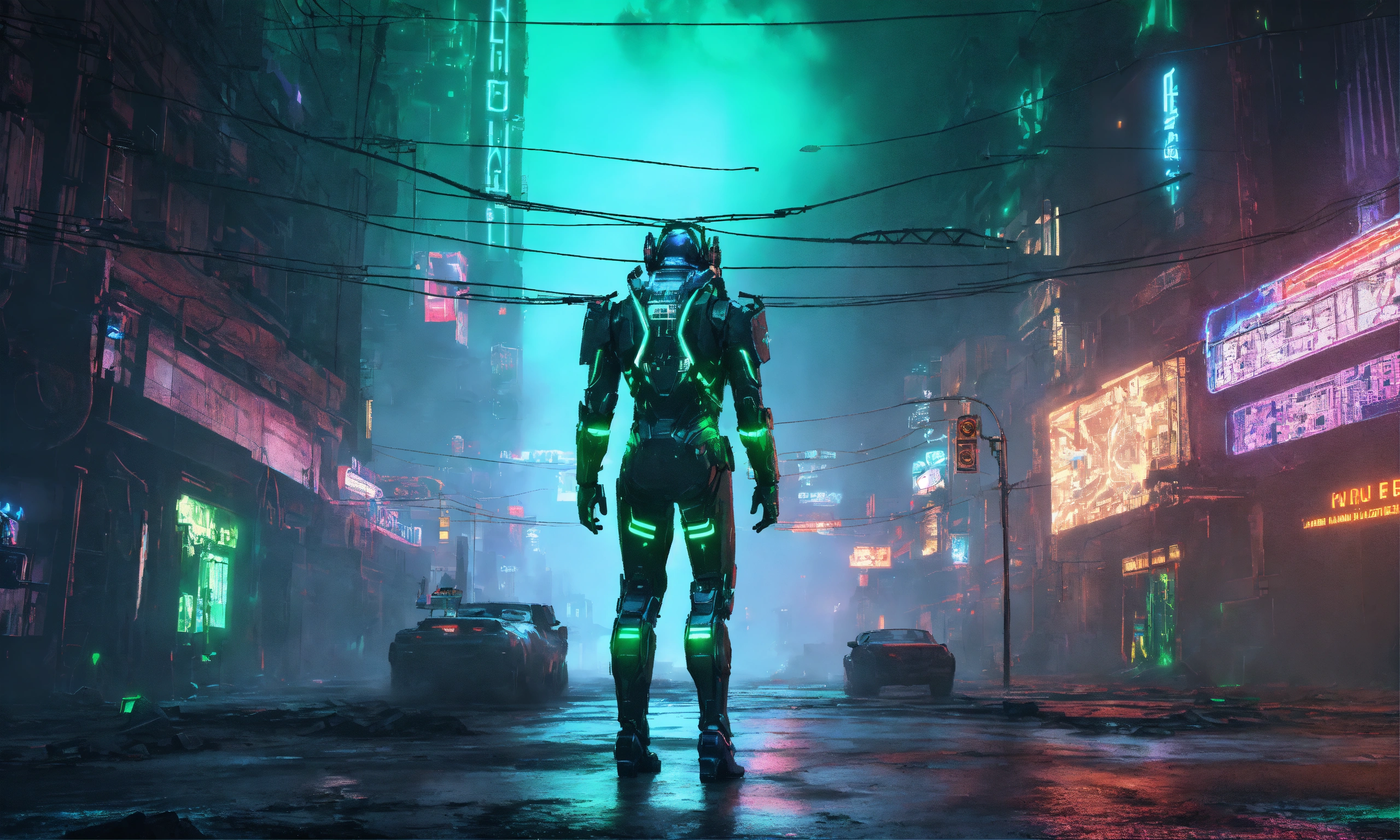Lexica - Futuristic, humanoid, iron suit, bue and green neon lights ...