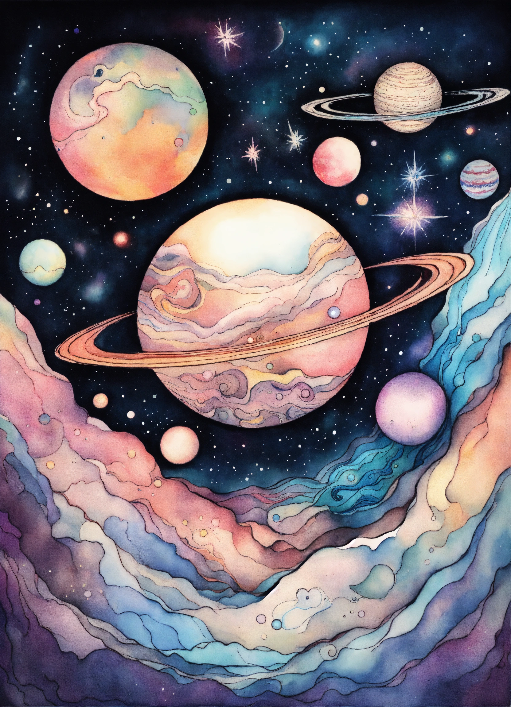 Lexica - Ink drawing tattoo style image of planets and stars ...