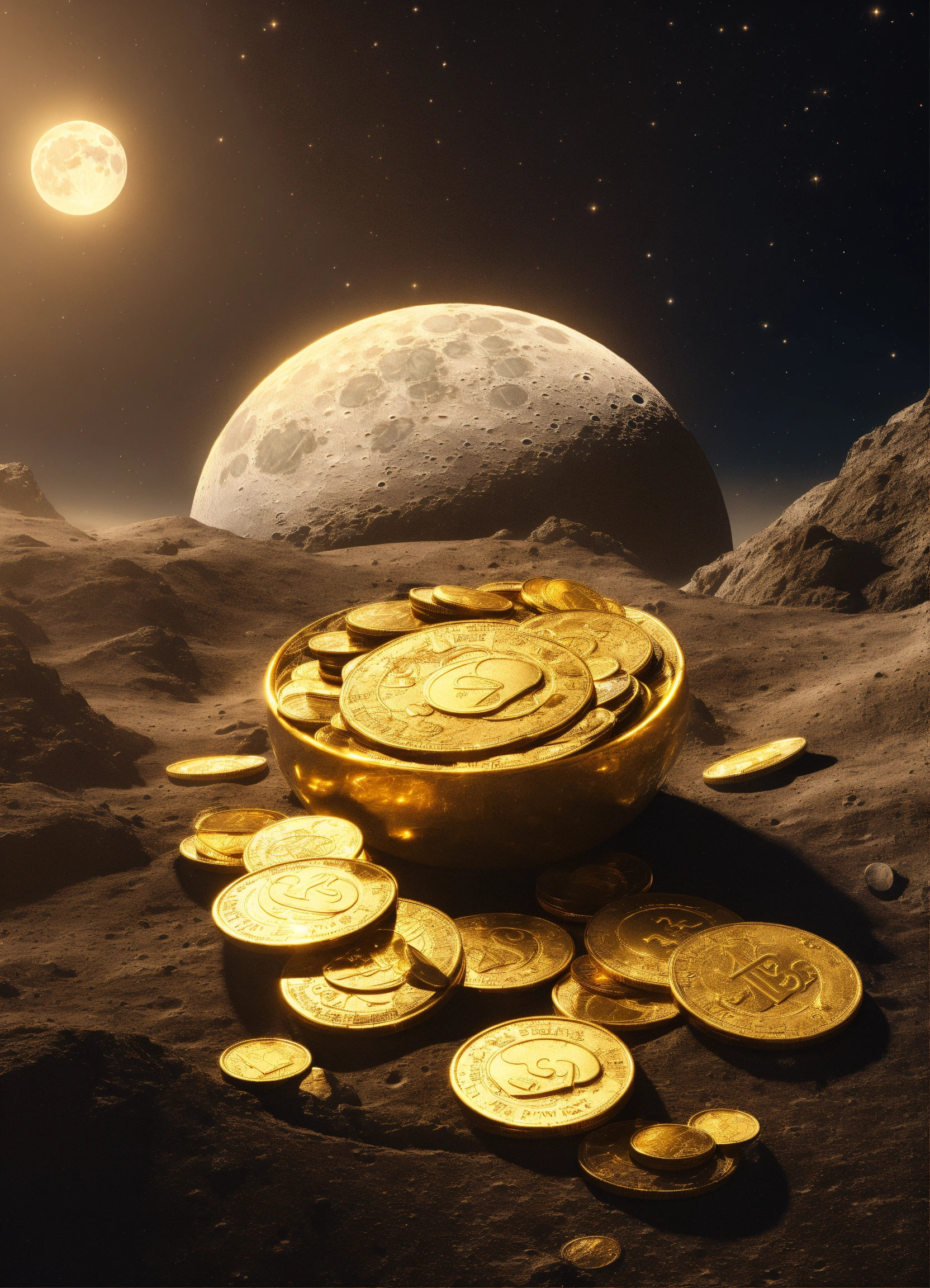 Lexica - 3d graphic, treasure coins and notes on the moon 8K