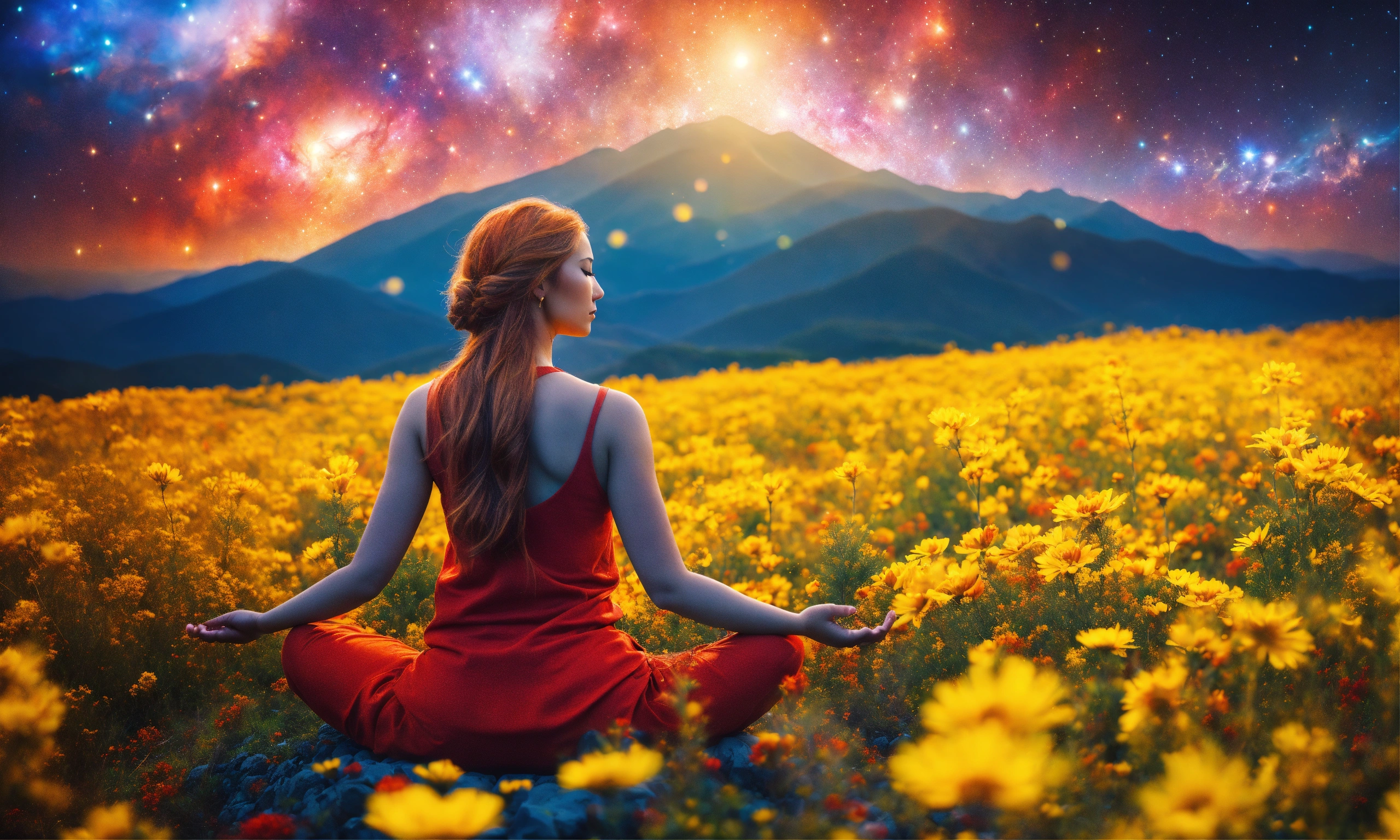 Lexica - Beautiful woman in Meditation posture, mountain, a vast field ...