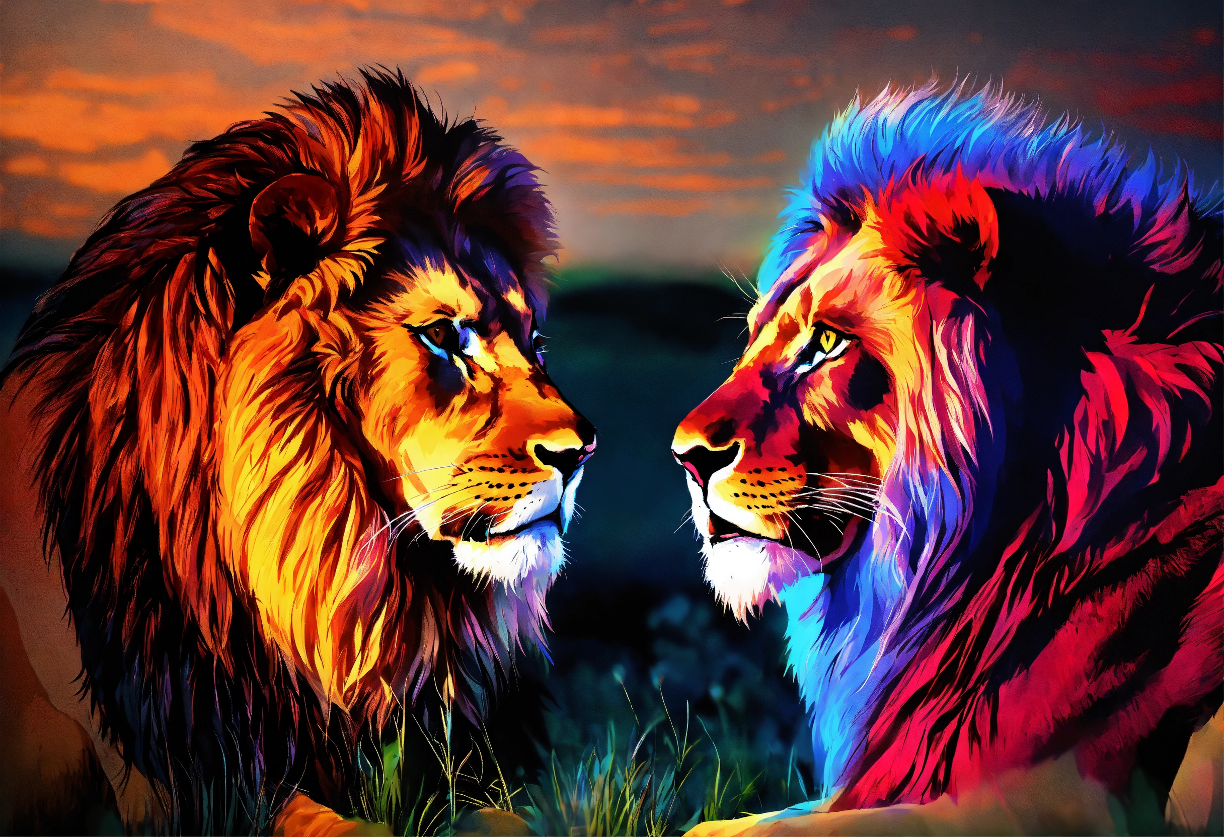 Lexica Two lions facing each other. one lion glowing rubyred at