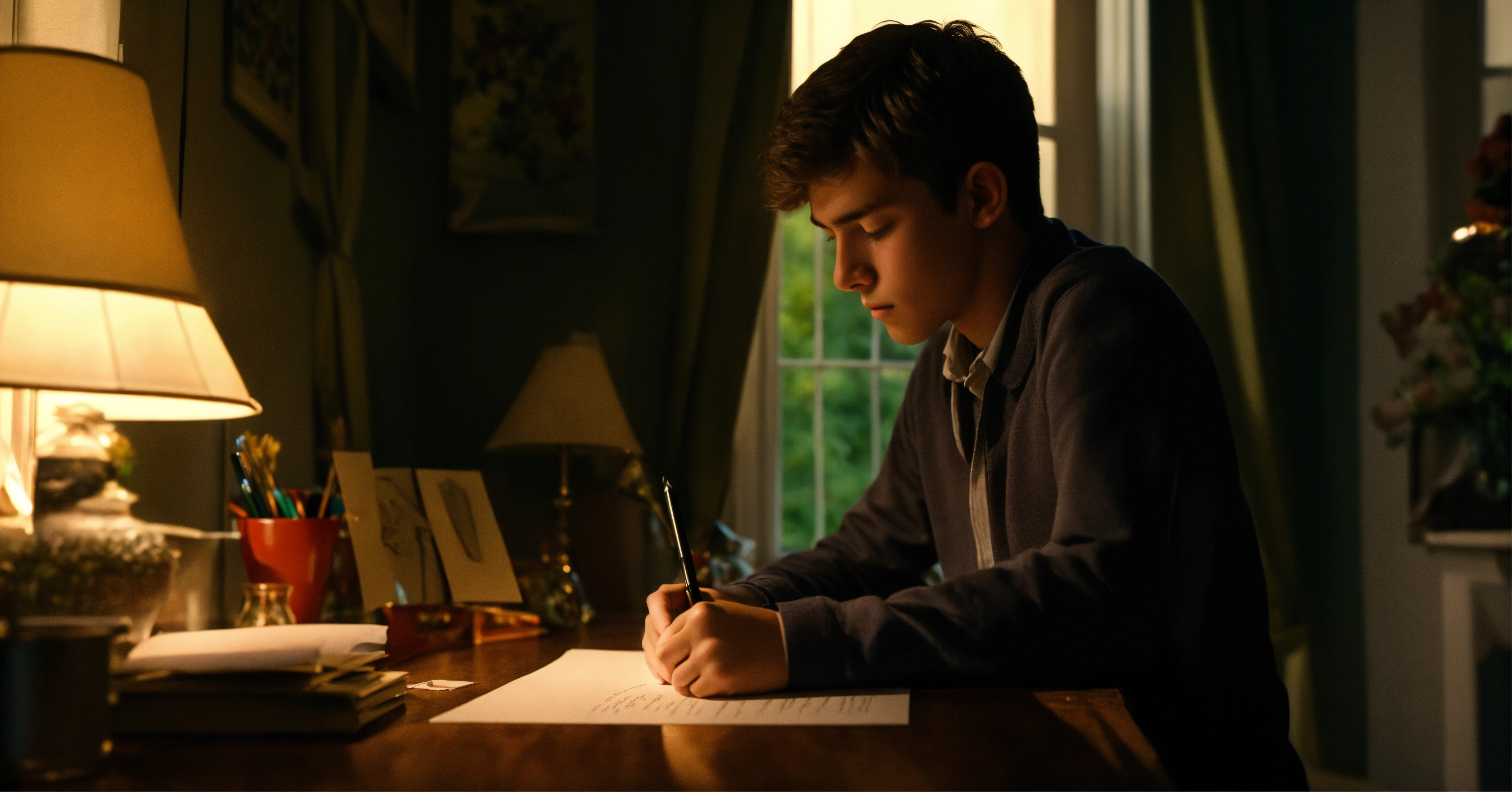 Lexica - A realistic image of a 17 year old boy writing a letter, his ...