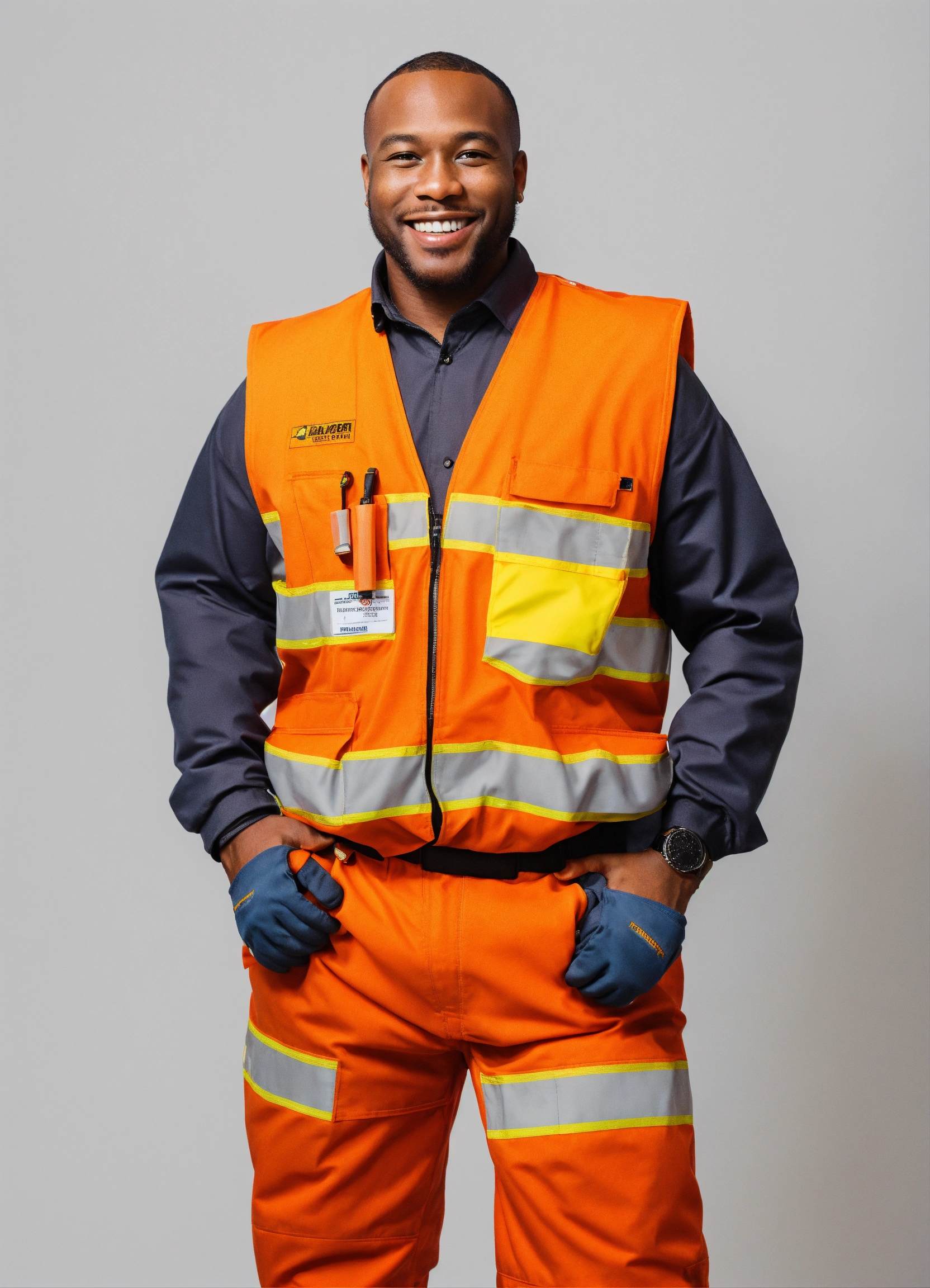 Lexica A black man in a construction worker suit smiling for a