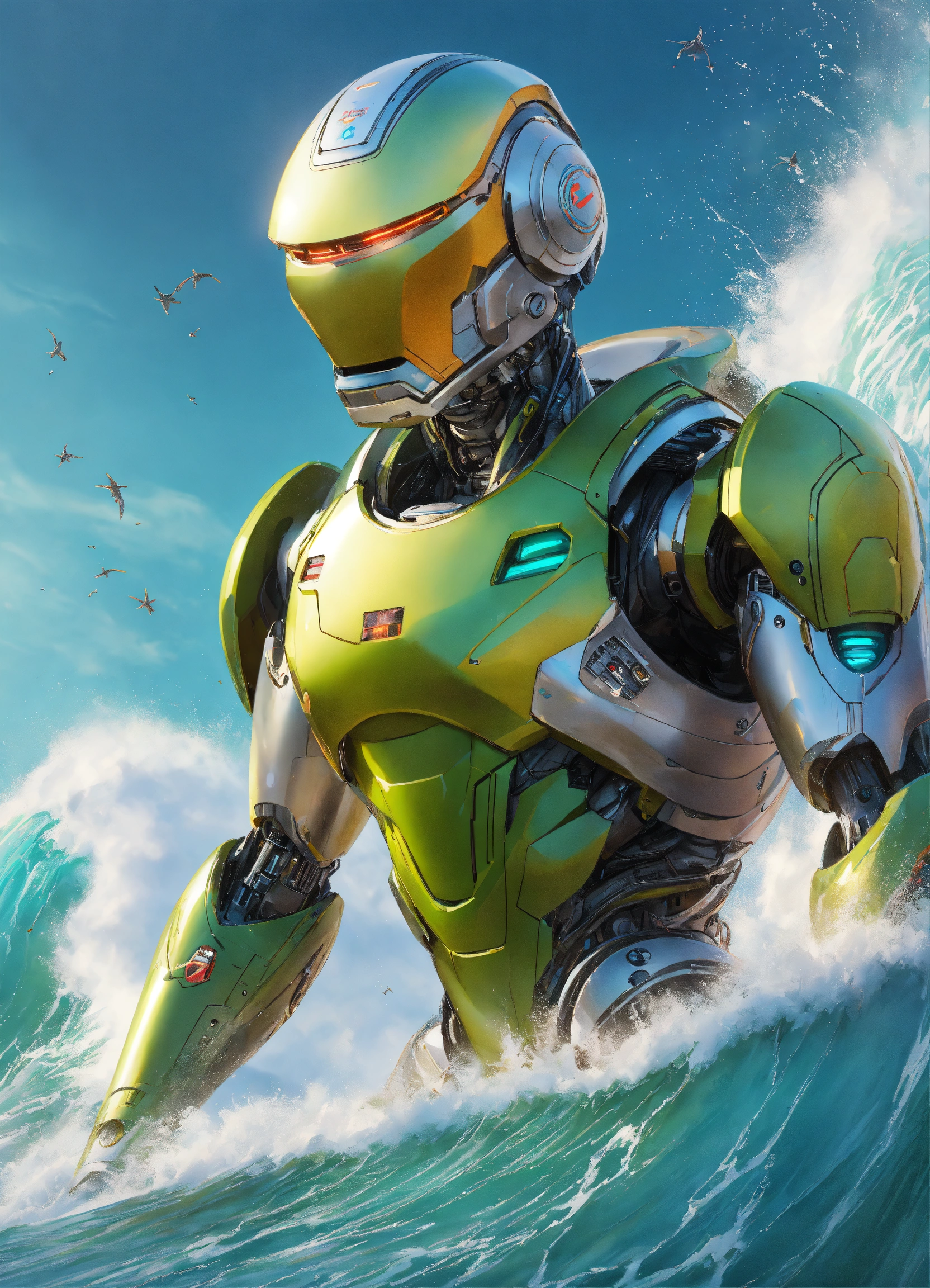 Lexica - Portrait painting of a cute android bot surfin a huge wave in ...