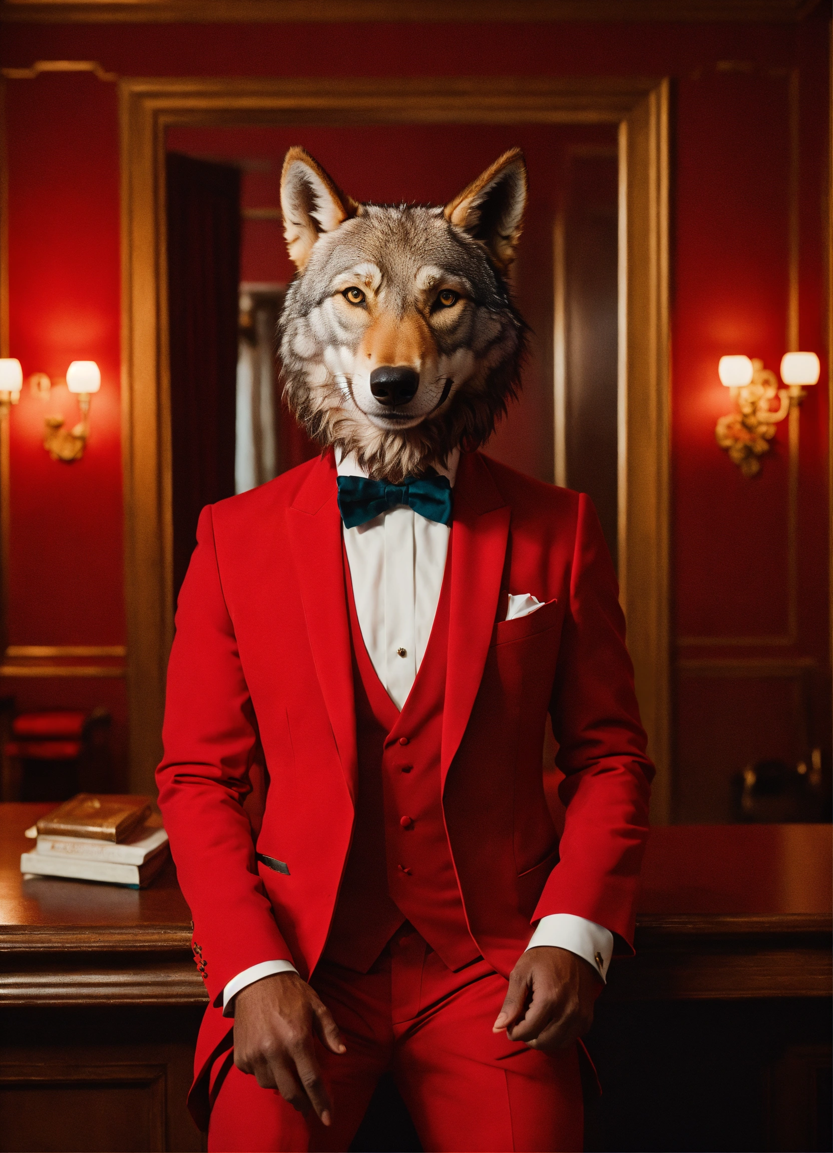 Lexica - Award - Winning Cinematic Still of wolf-Headed butler posing ...