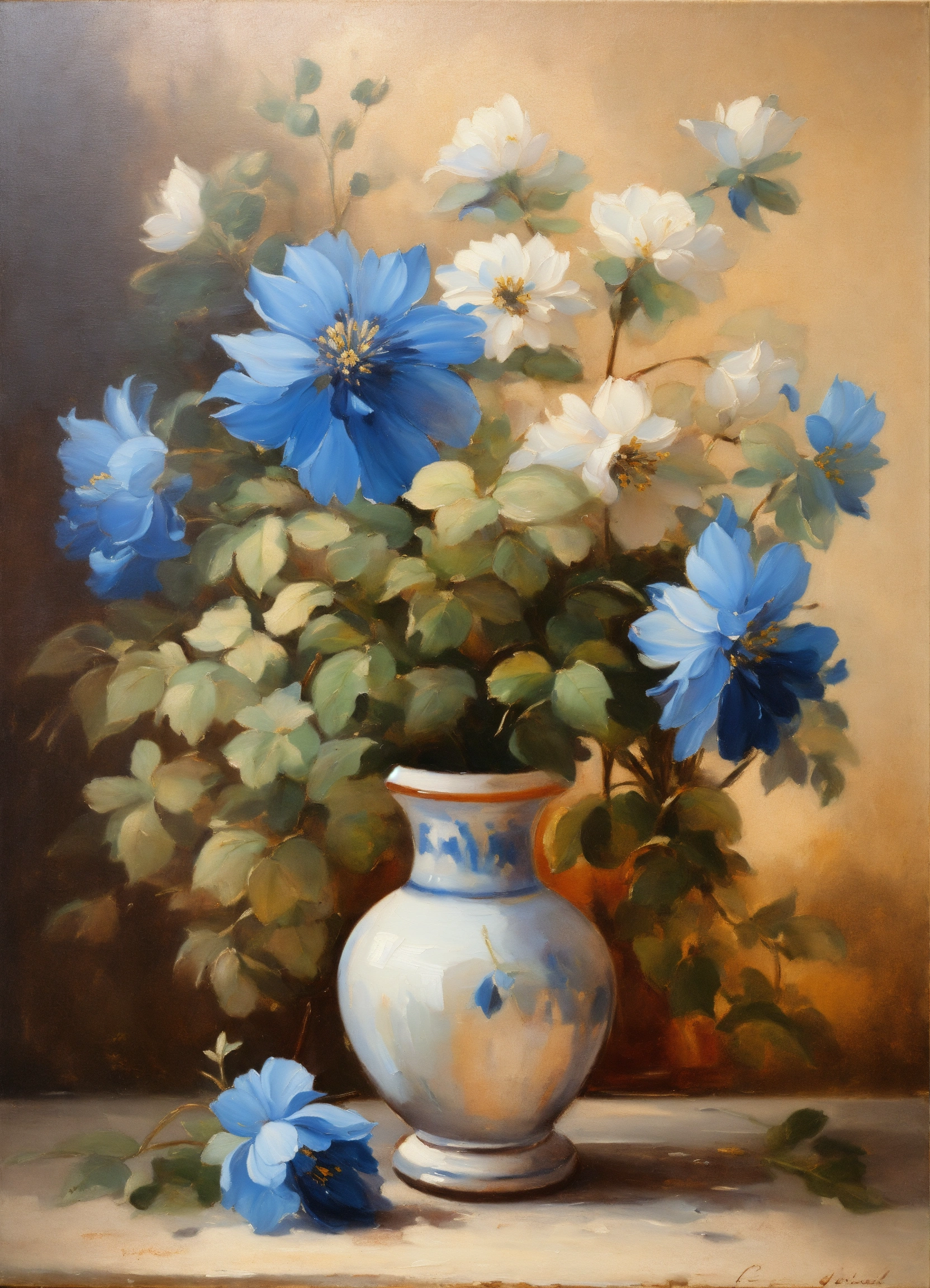 Lexica - French vintage oil painting of blue flowers white vase on soft ...