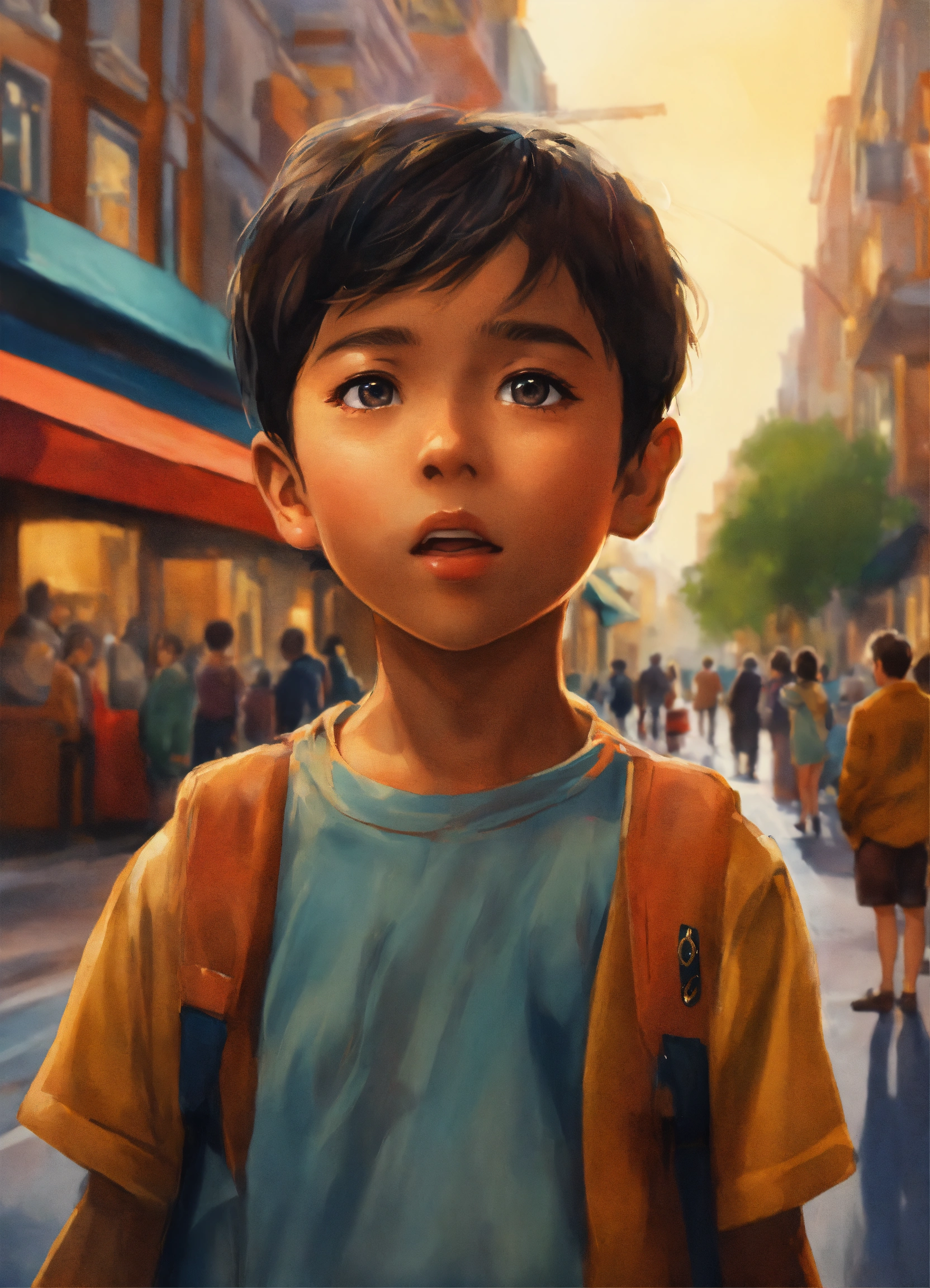 Lexica - A young boy standing on a bustling street corner, looking at a ...