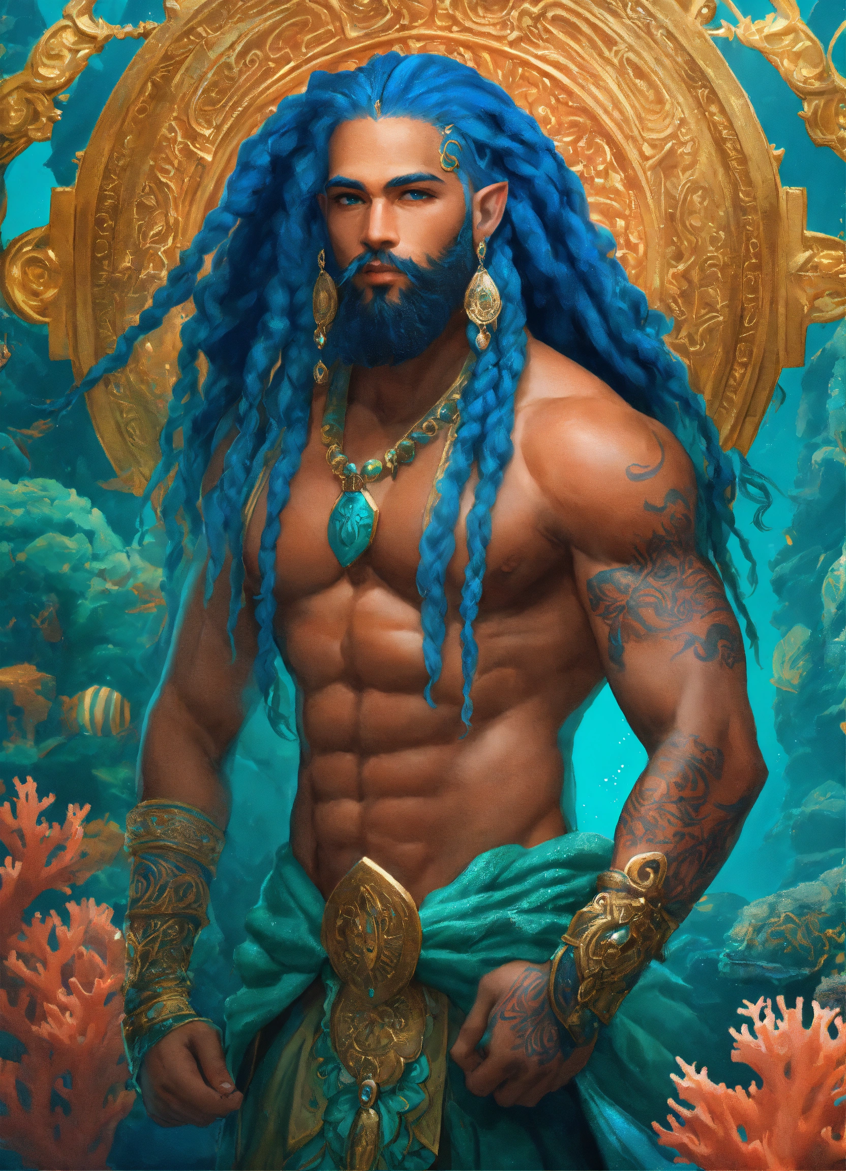 Lexica - A buff muscular Sea-elf scales Blue skin Long seafoam colored ...