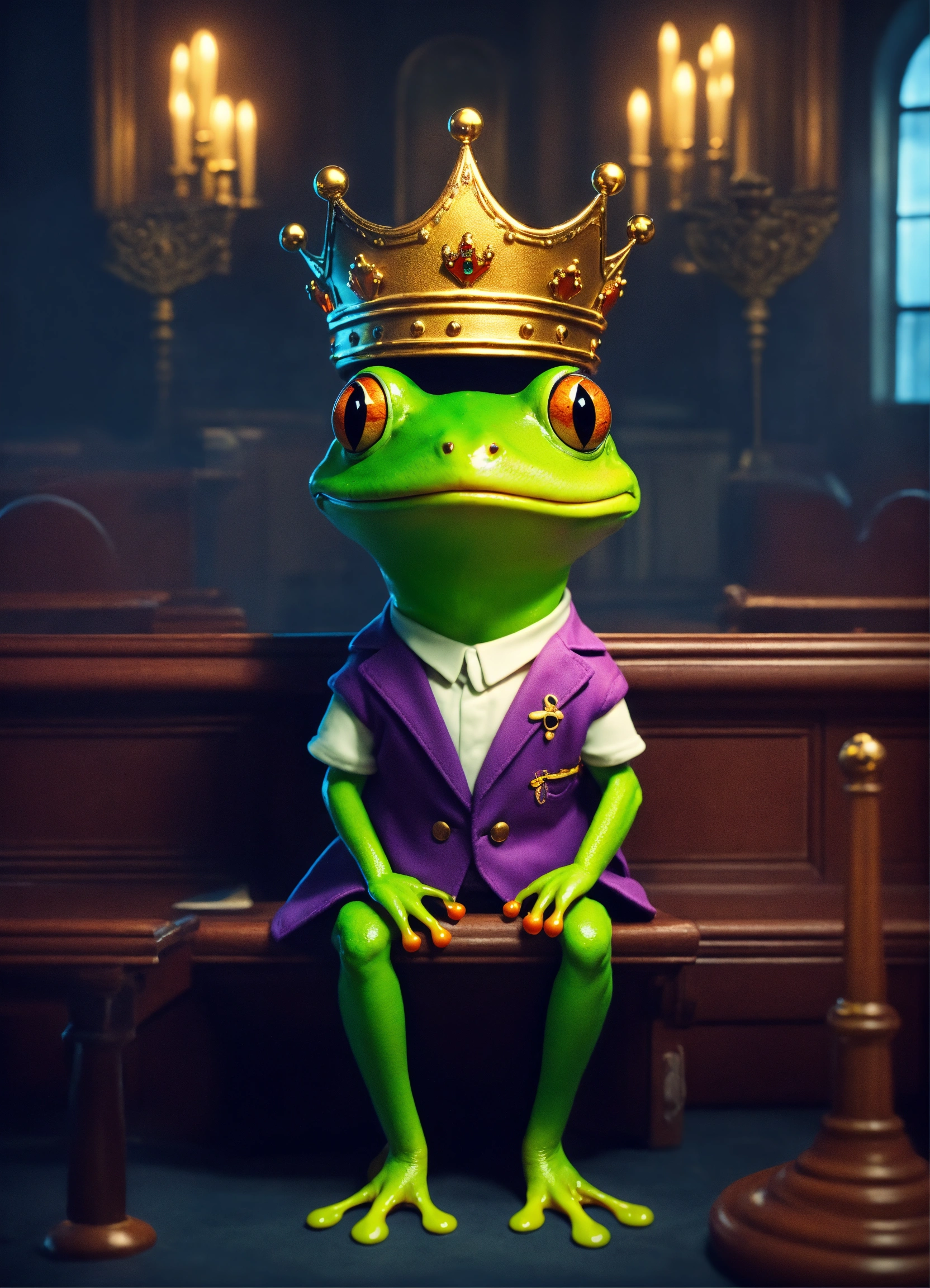 Lexica - Cute Frog In Crown Court Wearing Talking To Judge In The Night 