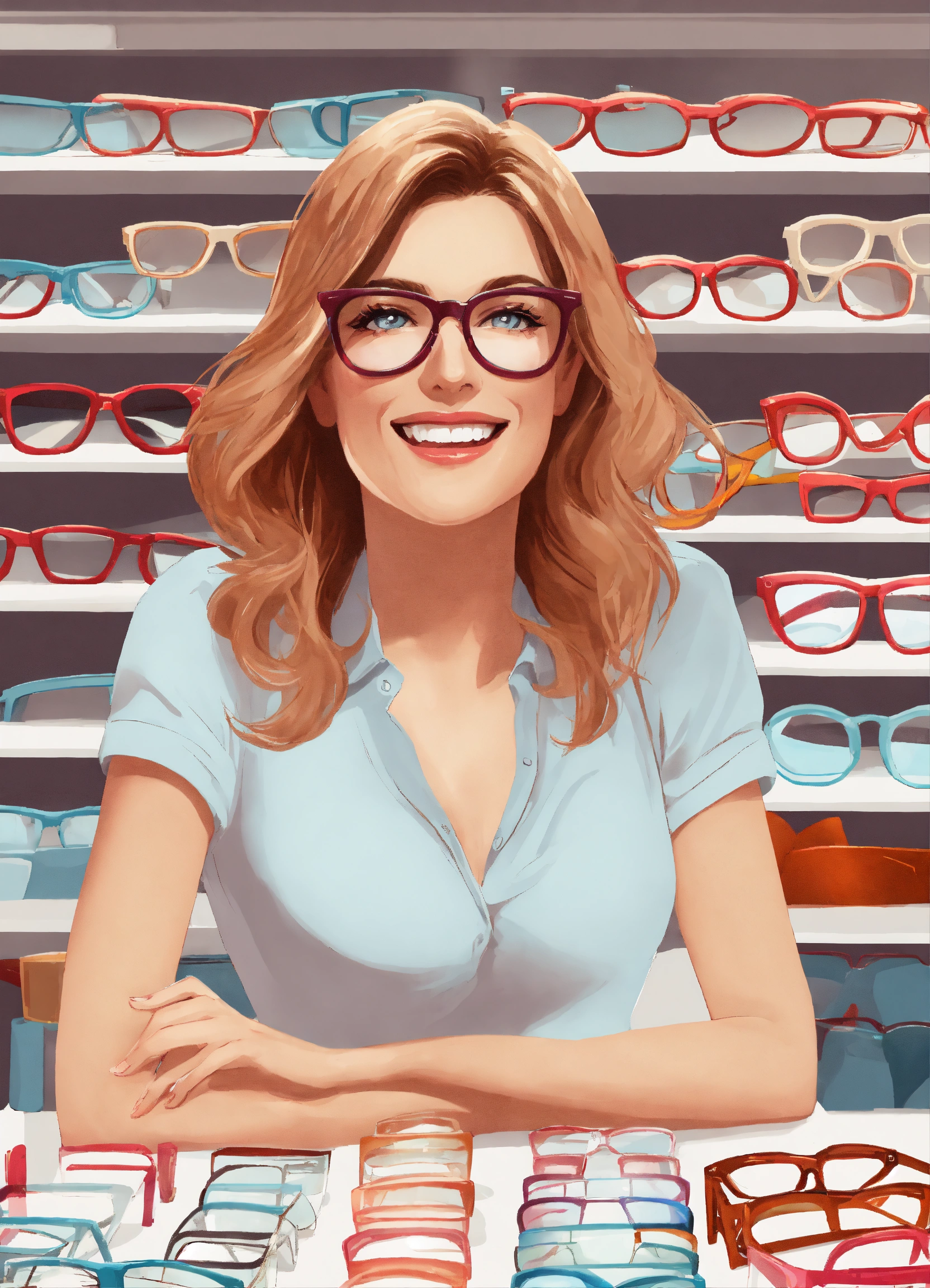 Lexica Optical store, woman approaching 50, happy expression, table