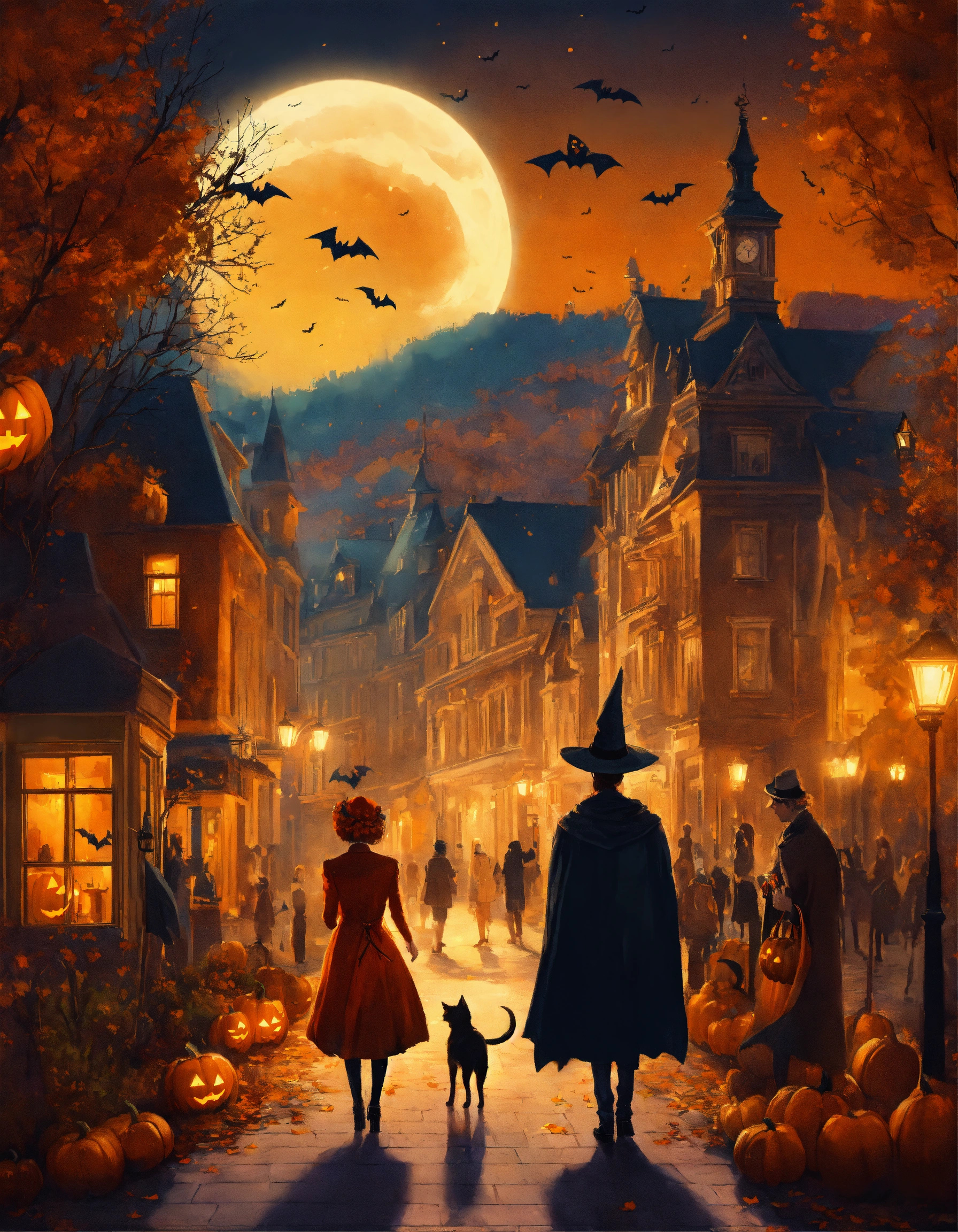 Lexica - October halloween landscape in the city, people in costumes, a ...
