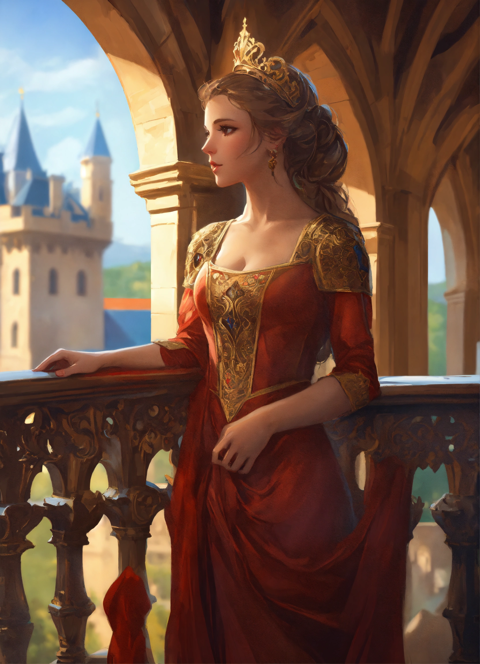 Lexica - A noble princess, in a medieval gown, on a balcony of a ...